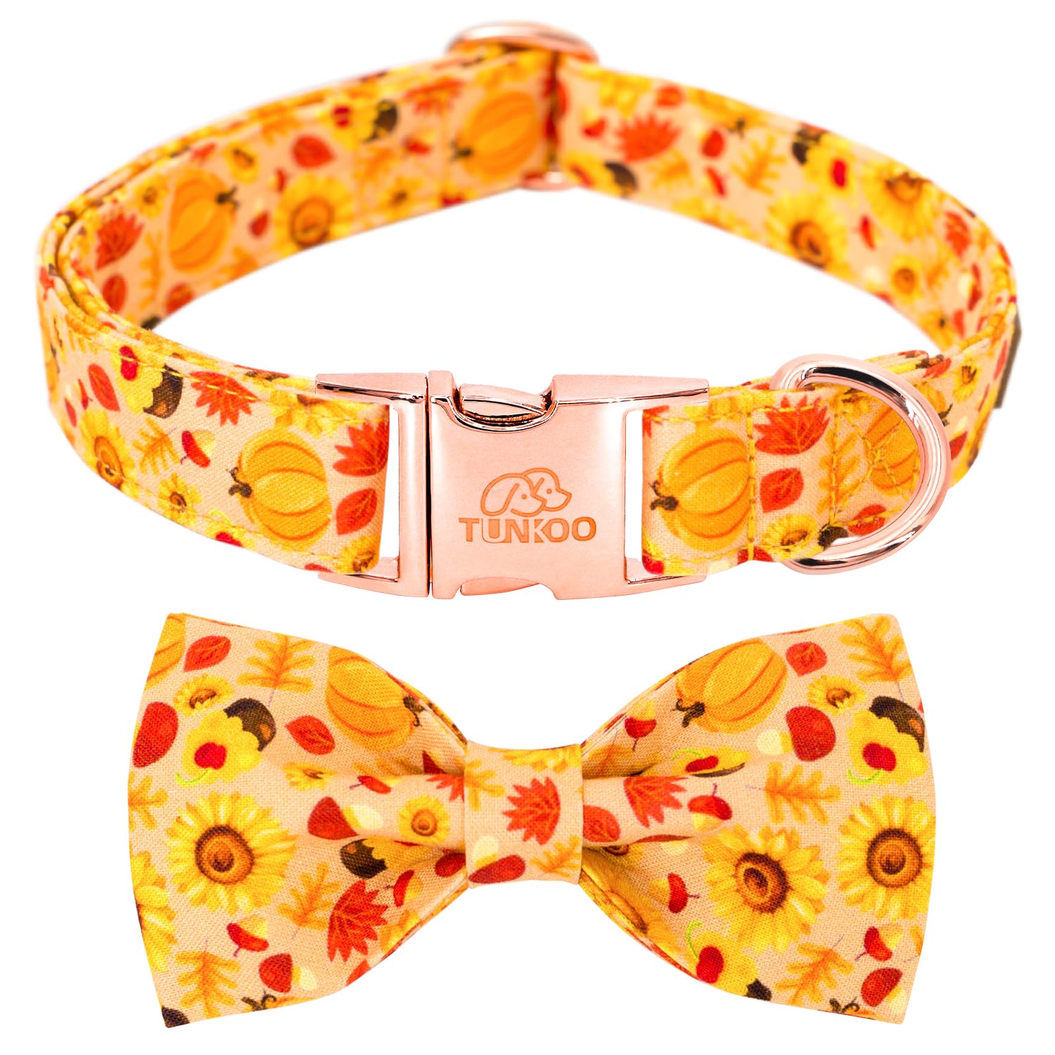 Tunkoo Sunflower Dog Collar With Elegant Bow Tie - Ajustable Orange Puppy Collar Floral Pattern Stylish And Charming Fall Pet Ac