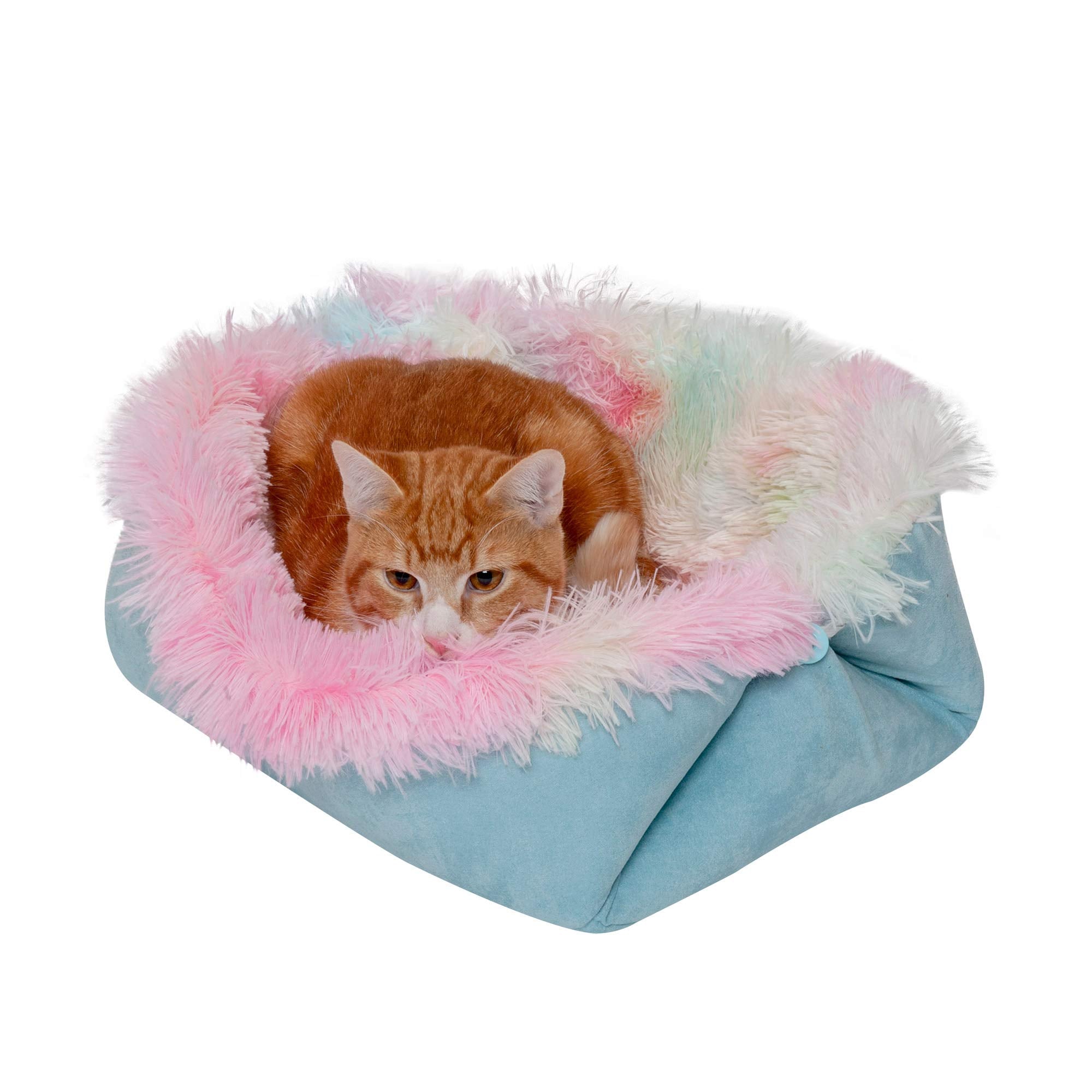 Furhaven Self-Warming Cat Bed for Indoor Cats, 4-Beds-in-1 & Washable - Plush Long Faux Fur Convertible Cuddler - Rainbow, Small