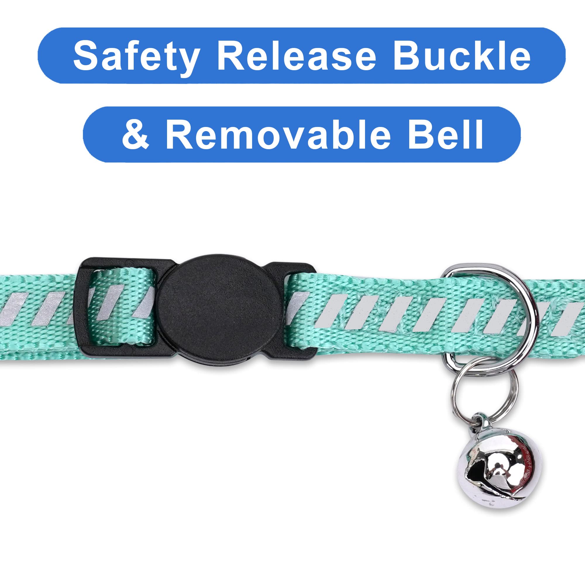 Pawtitas Personalized Cat Collar With Breakaway Safety Release Buckle Adjustable Length | Cat Collar With Custom Embroidered For Your Pet'S Name And Phone Number | Teal Cat Collar With Removable Bell