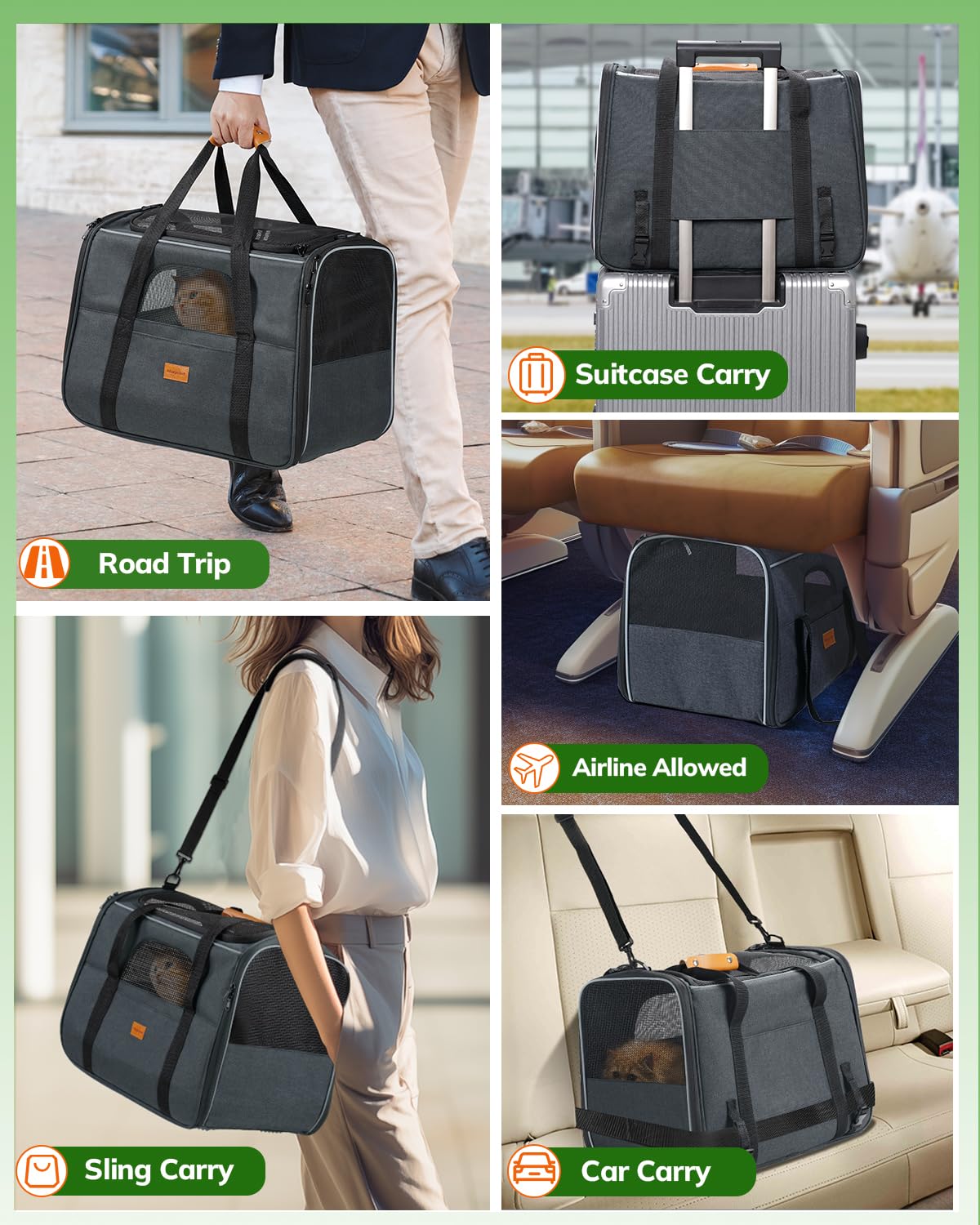 Morpilot Large Cat Carrier - Soft Sided Cat Carrier Large For Big Medium Cats And Puppy Up To 20Lbs, Pet Carrier With Safety Zippers, Foldable Bowl, Pet Travel Carrier Bag - Dark Gray Large