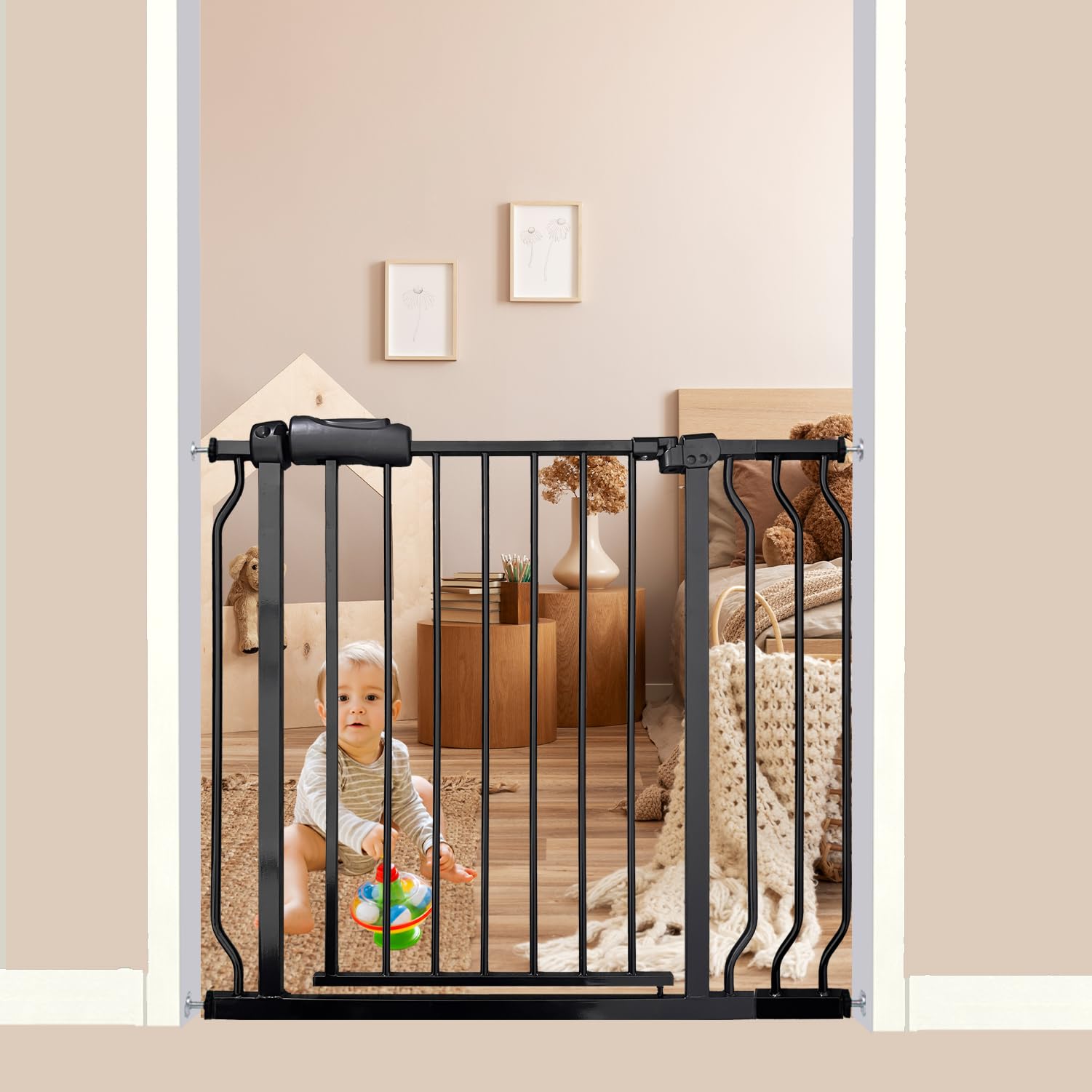 Walk Through Baby & Dog Gate 34-38.5 Inch, Auto Close, Tension Mounted Indoor Safety Gate for Stairs & Doorways - Black Metal, 3