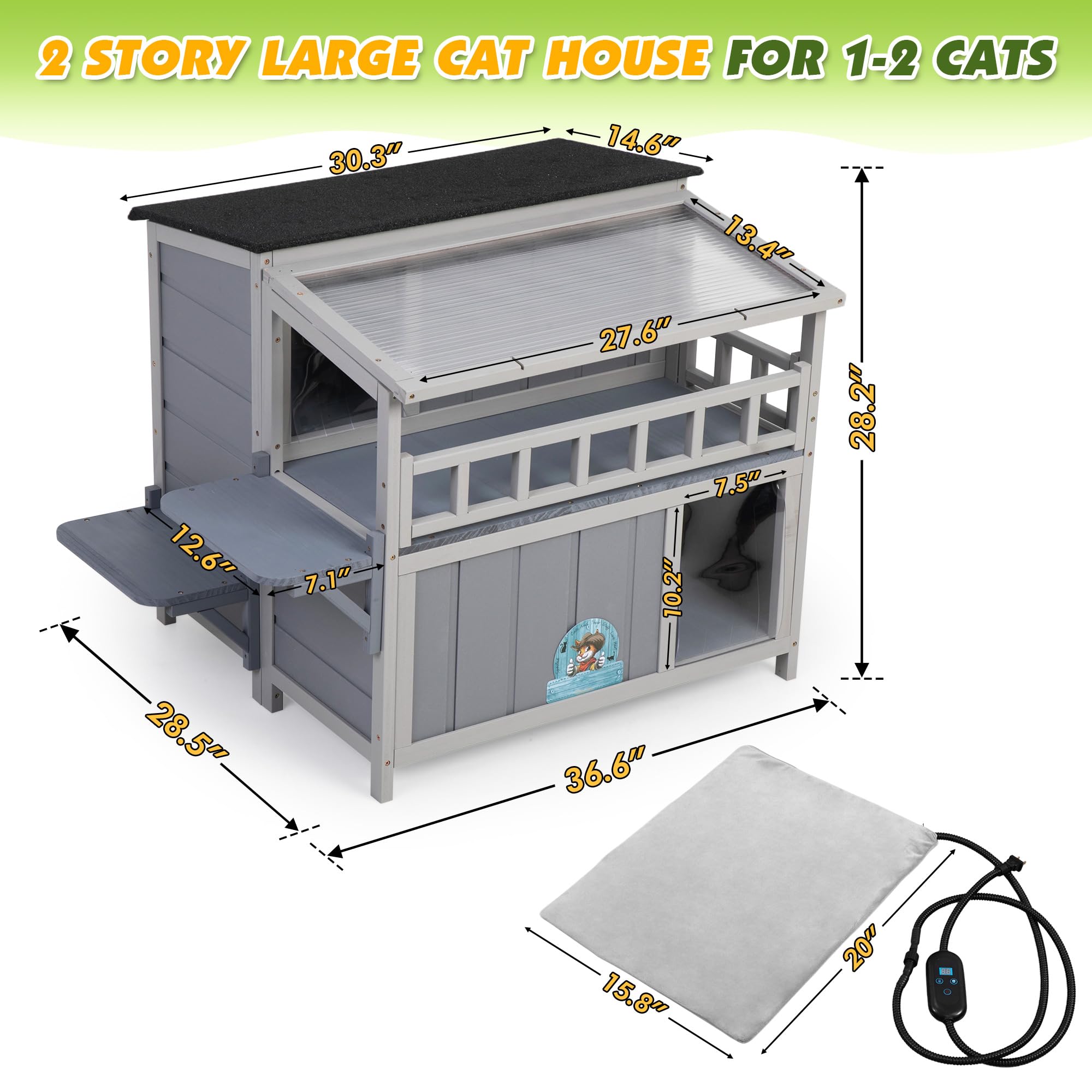 Outdoor Heating Pad Insulated Cat House, Warm Cat Shelter With Heated Pet Pad Bed, Balcony, Timing And Temp Adjustable, Feral Ca