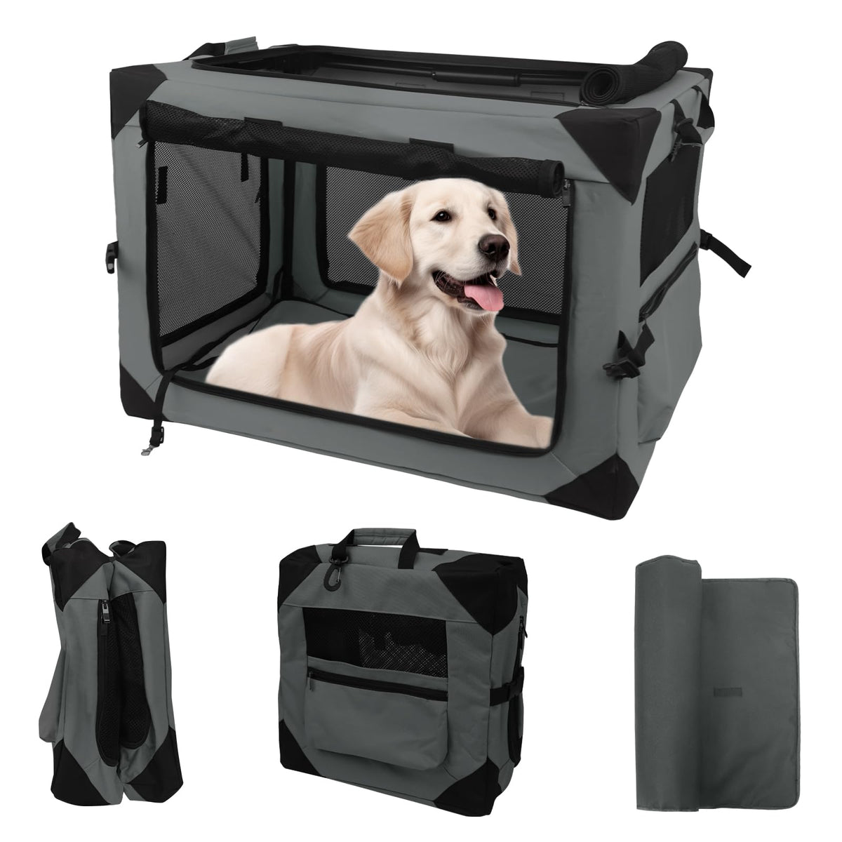 Wdmiya Dog Crates For Medium & Large Dogs, 42 Inch Portable Travel Dog Crate With Chew Proof Mesh, Soft Collapsible Dog Crate Wi