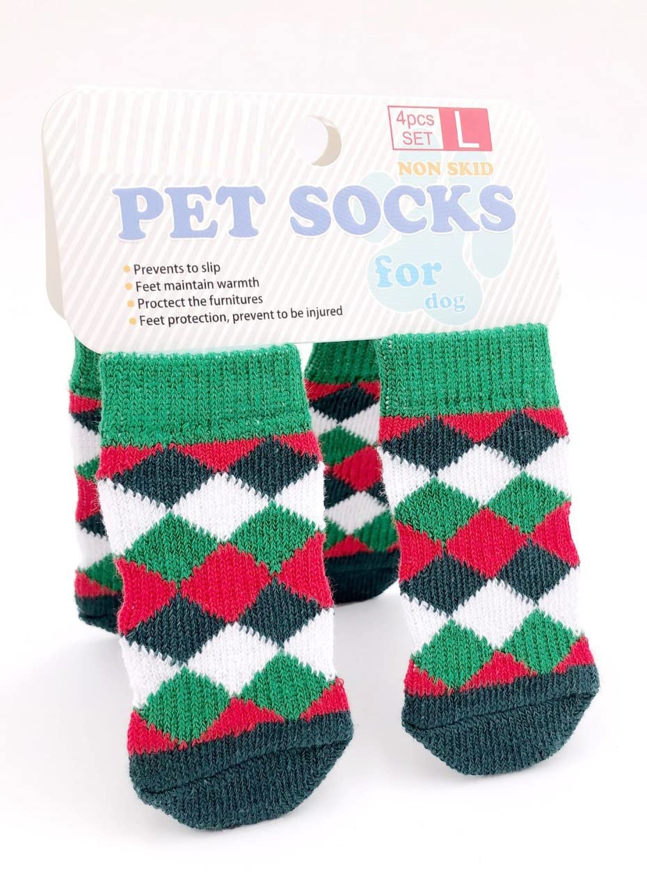 PETANGEL Set of 4 Pcs, Argyle Pattern Small Dog Cat Socks, Pet Paw Protector Adjustable Straps, Socks for Shishtzu, Pug, Poodle 