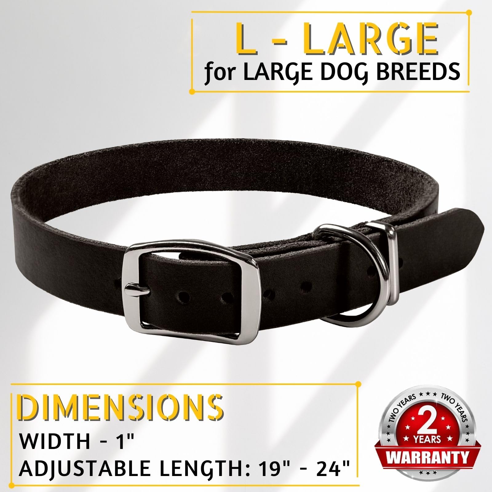 Adityna - Black Leather Dog Collar For Large Dogs - Classic Style, Soft And Strong, Heavy-Duty Top-Grain Leather Collar For Walk