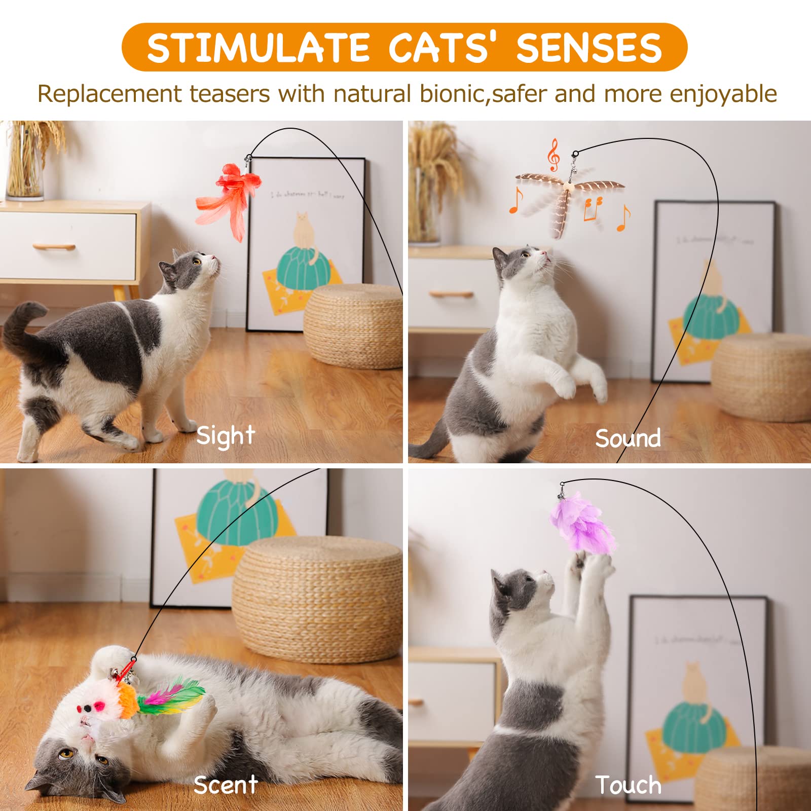 Hosfroll Cat Toys Wand, Interactive Cat Toy With Super Suction Cup Sticky Detachable 12 Pcs Feather Replacements 2 Wands Cat Spring Feather Toys For Indoor Cats Kitten Toys (8 Toys Double Headed)