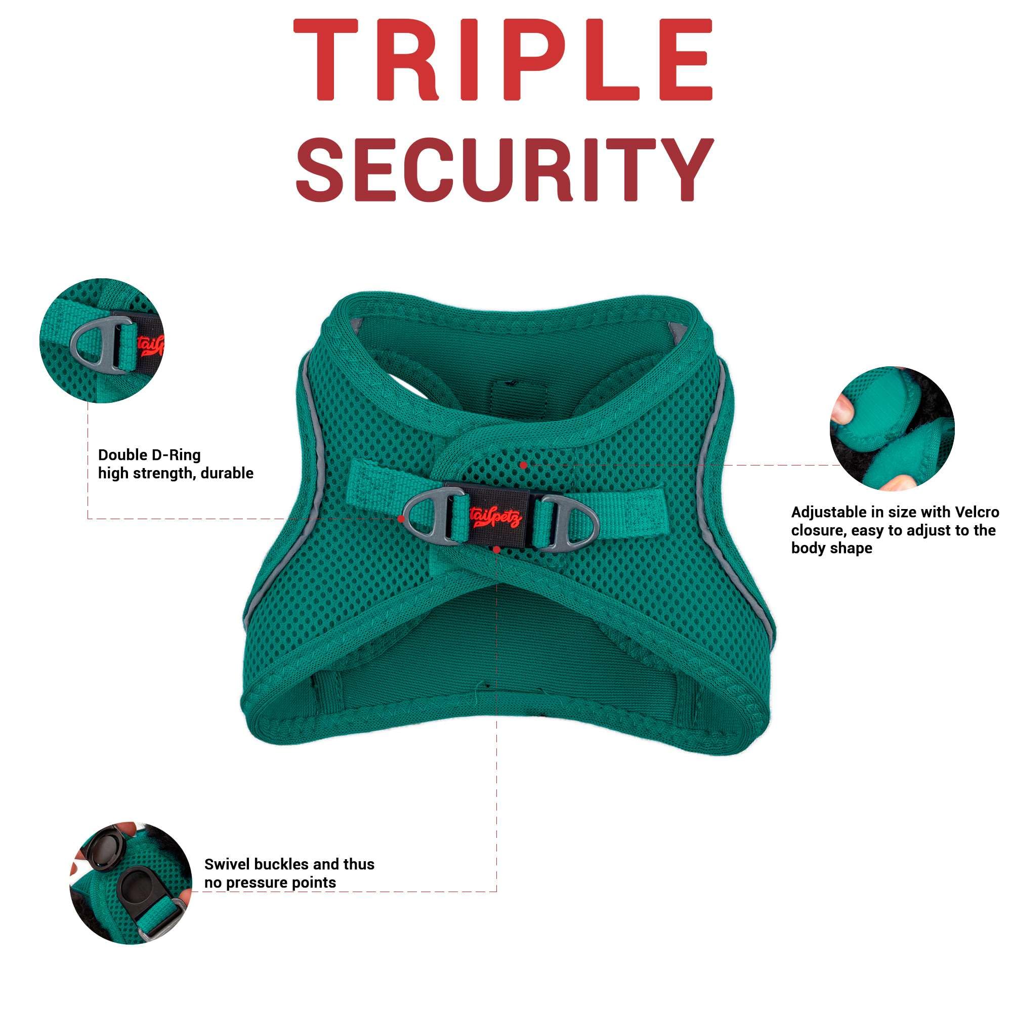 Tailpetz Dark Green Dog Harness Medium Sized Dog, Adjustable No Pull Step in Harness Medium Size Dog, Reflective Puppy Harness f
