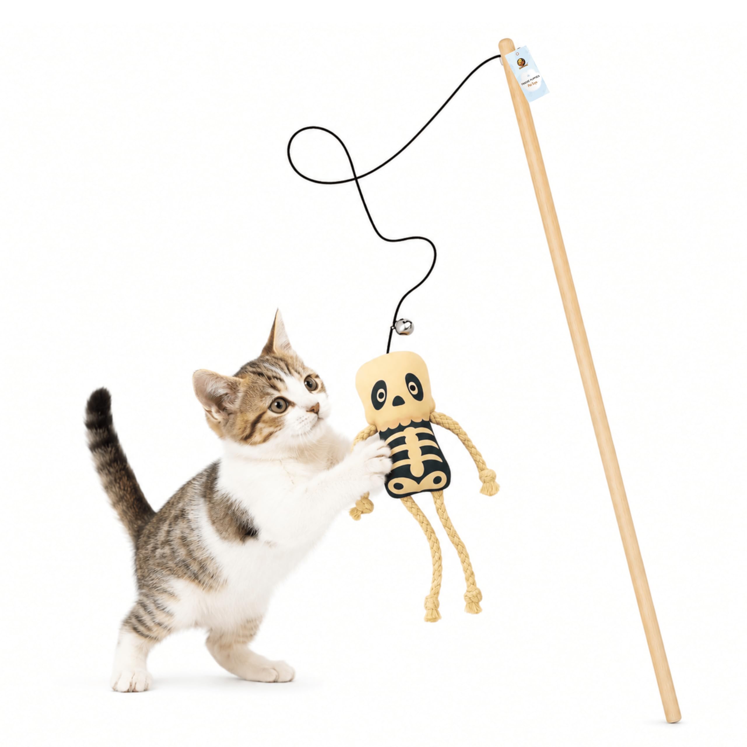 Foodie Puppies Cat Teaser Playing Wooden Stick Plush Toy (Skeleton, 41Cm) For Cats And Kittens | Interactive Bell Hanging Wood W