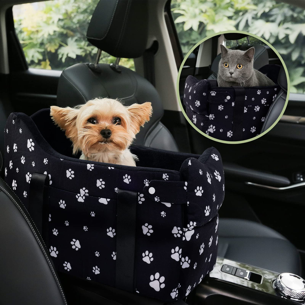 Cullaby Console Dog Car Seat For Small Dogs Up To 15 Lbs – Portable Armrest Booster With Soft Cushion And Safety Belt (Black)