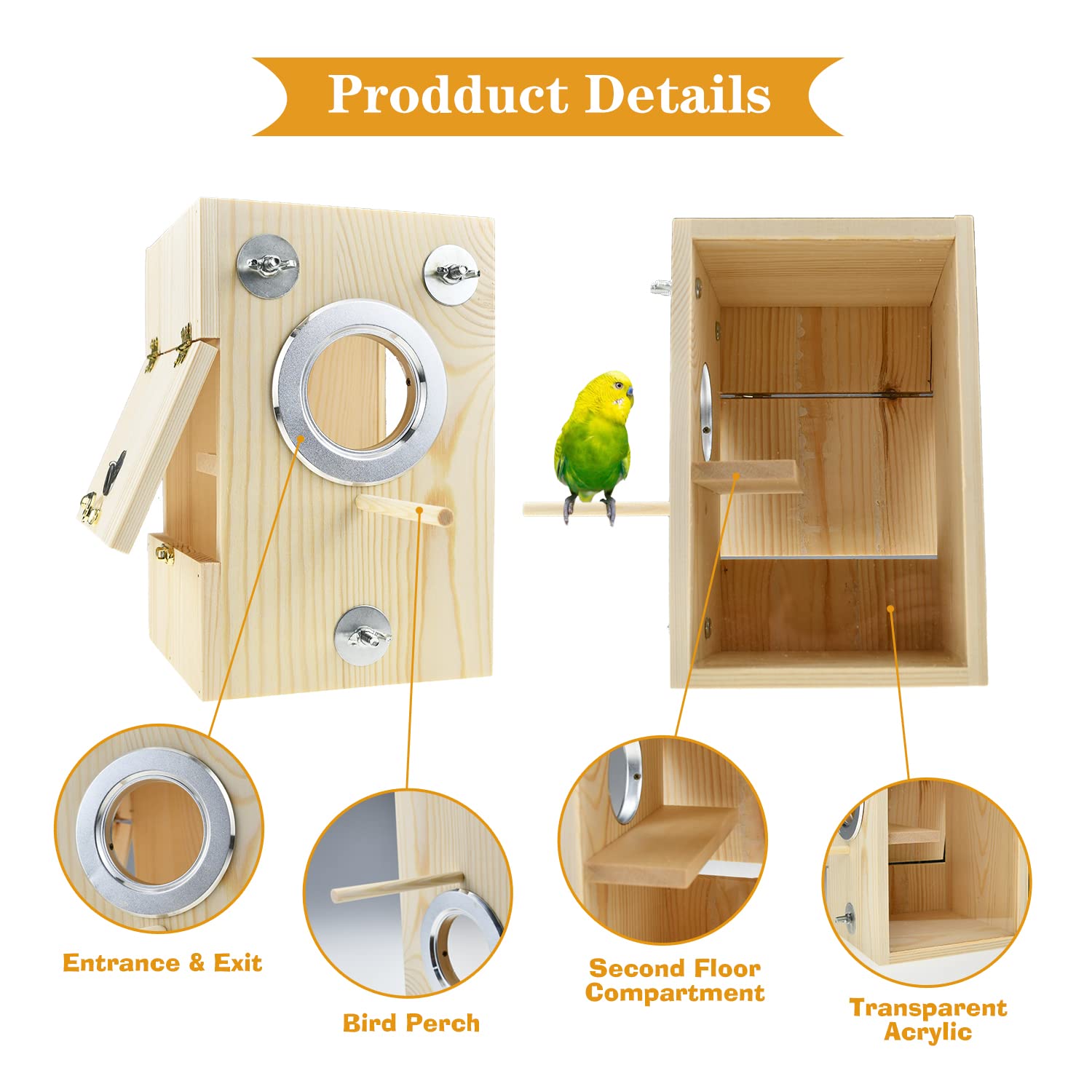 Cooshou Bird Nest Box Parakeet Breeding Nest Box Bird Nest House Wooden Acrylic Transparent Breeding Box For Finch Lovebirds Cockatiel Budgie Conure Parrot