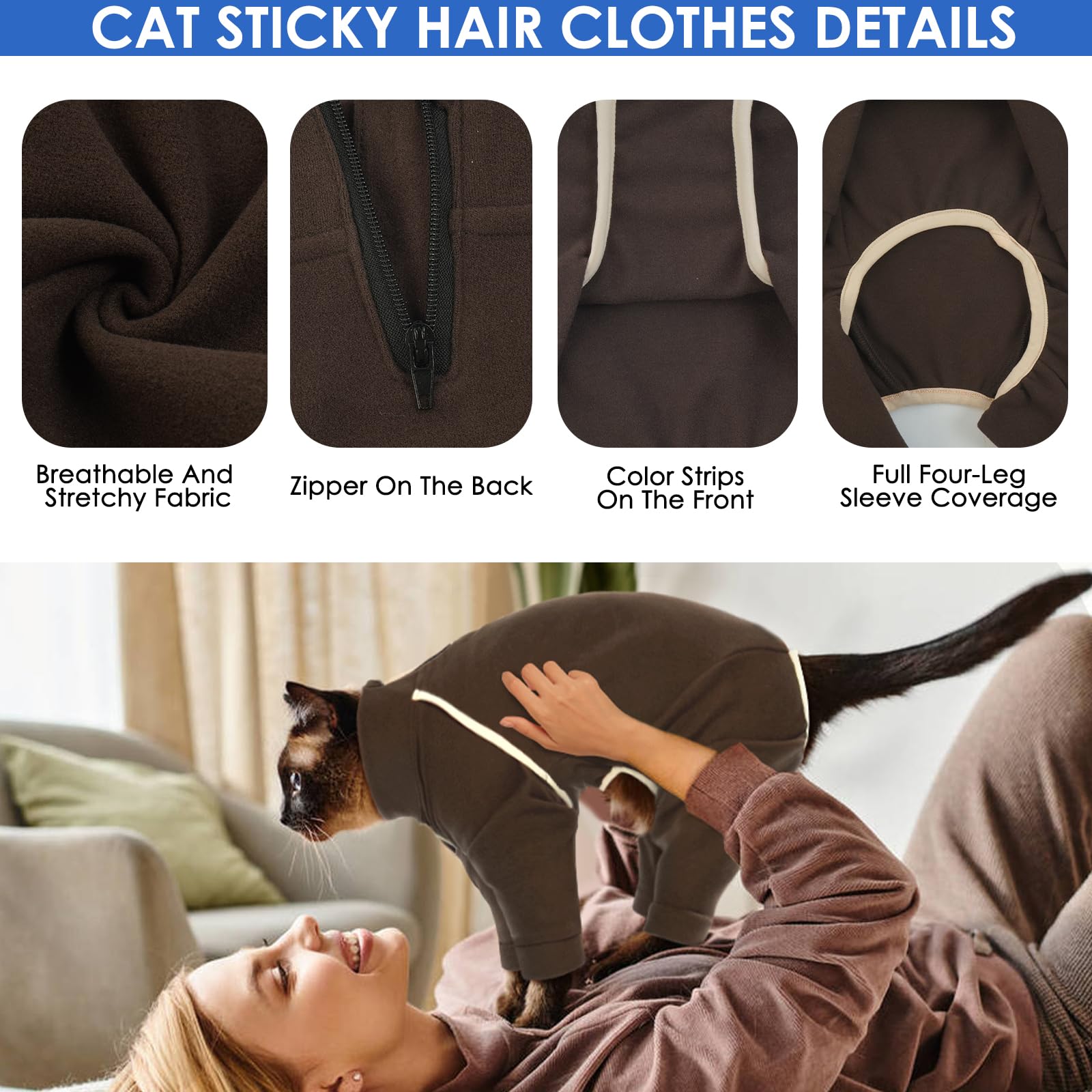 Cat Hair Sticky Onesie - Coffee, Xl - Cat Clothes For Cats Only Male Pajamas, Sphynx Cat Clothes, Pants For Cat, Anti-Licking Or
