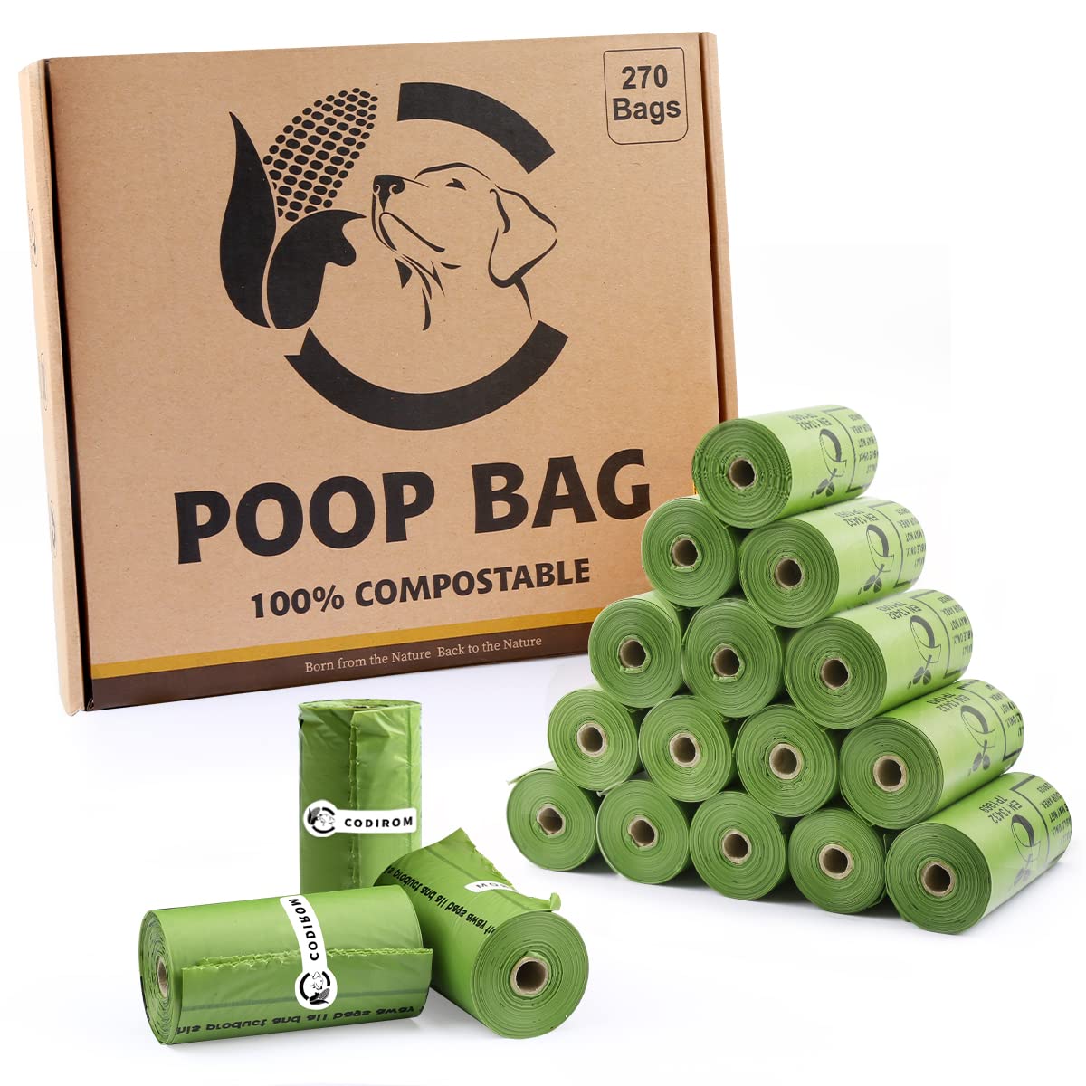 Certified Compostable Dog Poop Bags, 270 Count Eco Friendly And Leakproof Dog Waste Bags, Easy Open 100% Compostable Forest Green Poop Bag For Dog, 15 Doggy Bags Per Roll (18 Rolls)
