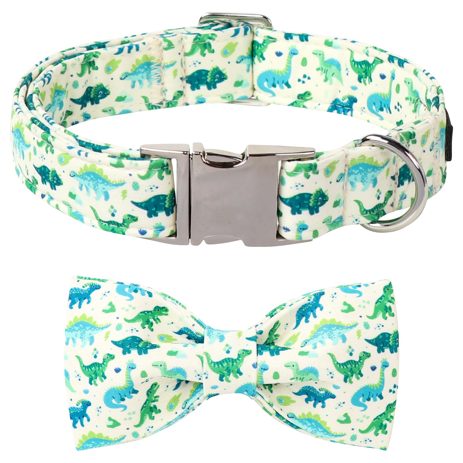Lionet Paws Dinosaur Dog Collar With Bowtie, Cute Summer Beige Dog Collar For Girl For Medium Dogs, Adjustable Cotton Pet Collar