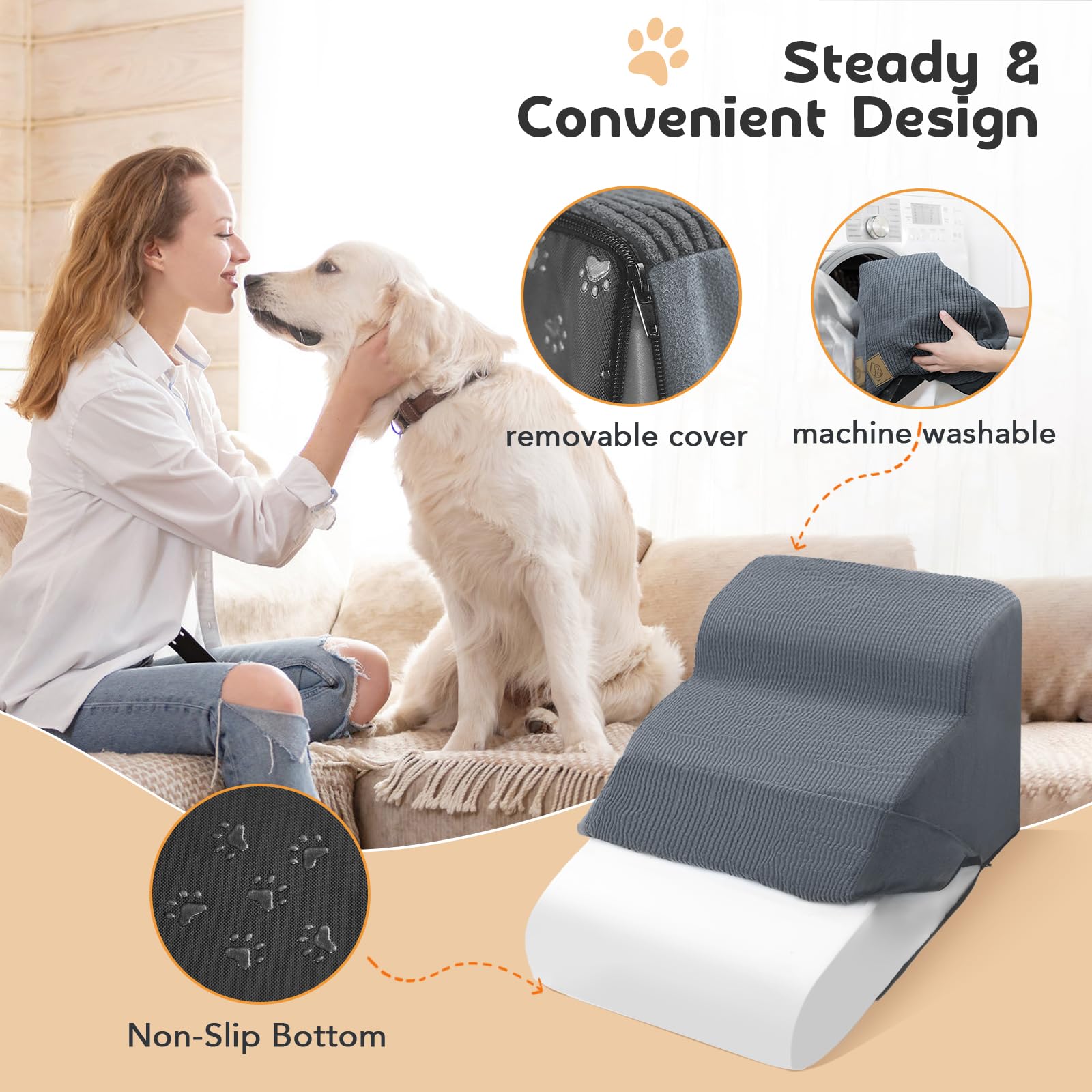 3-Tiers Foam Dog Stairs For High Sofa Bed Couch, High Density Foam Steps Stairs For Indoor,Dog Stairs Ladder Ramp Non Slip For Old Small Dogs Easy Access,60 Lbs Support,Free 3 Pcs Lint Roller Set