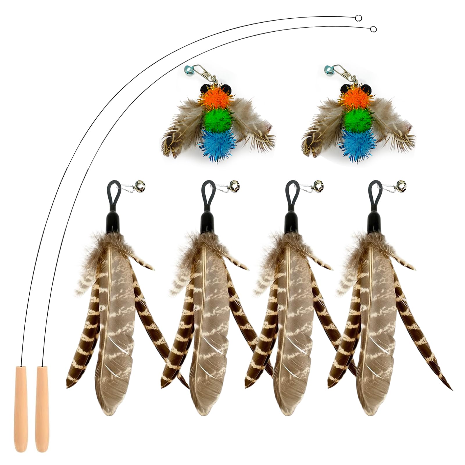 Kingtree Feather Wand Cat Toys, 8 Pack Cat Teaser Toys With 6Pcs Replacement Feathers Insects & 2Pcs Flexible Steel Wire Teaser 