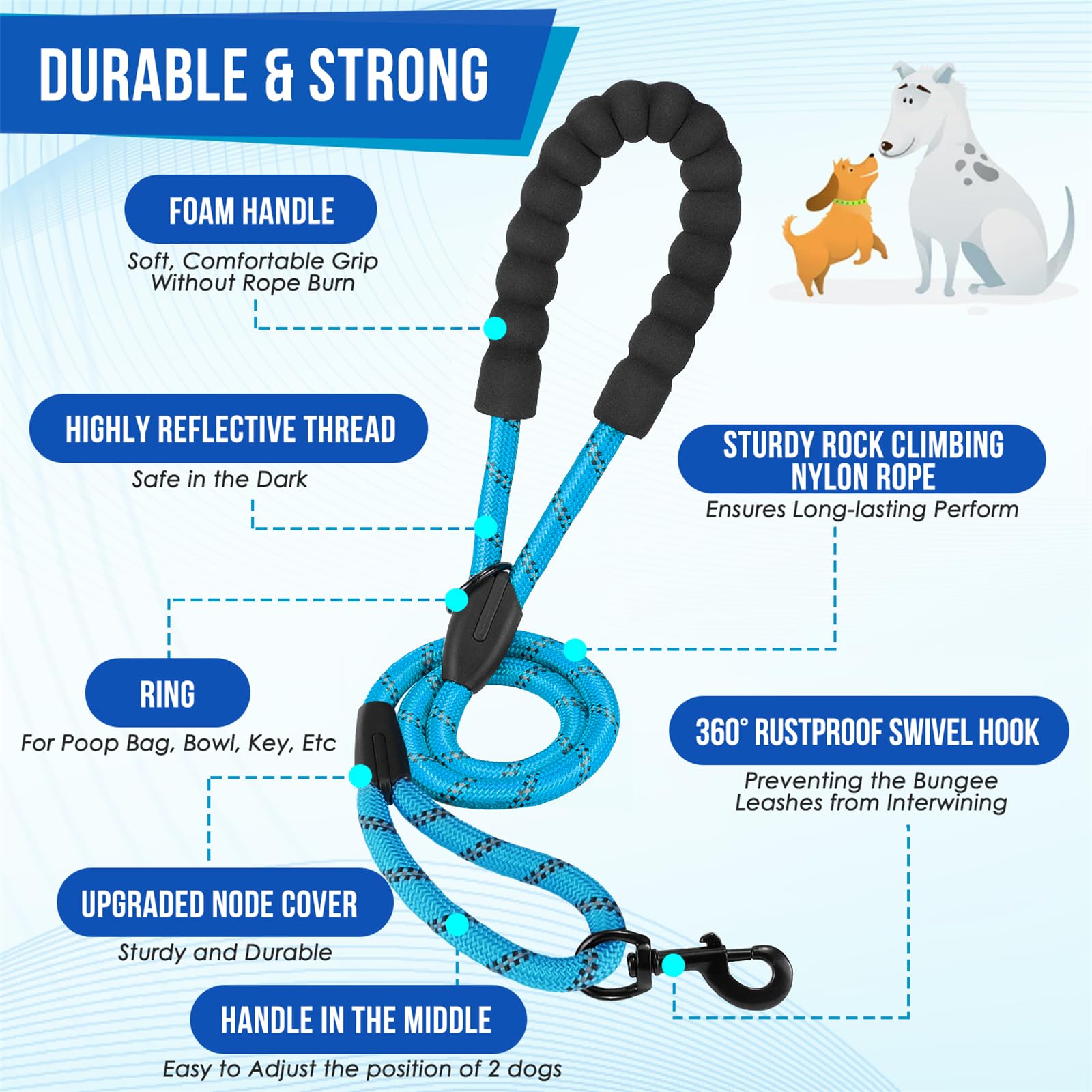 Slowton Double Leash For Two Dogs - No Tangle Dog Leash 360 Swivel Reflective Double Dog Leashes With Two Padded Handles, Shock