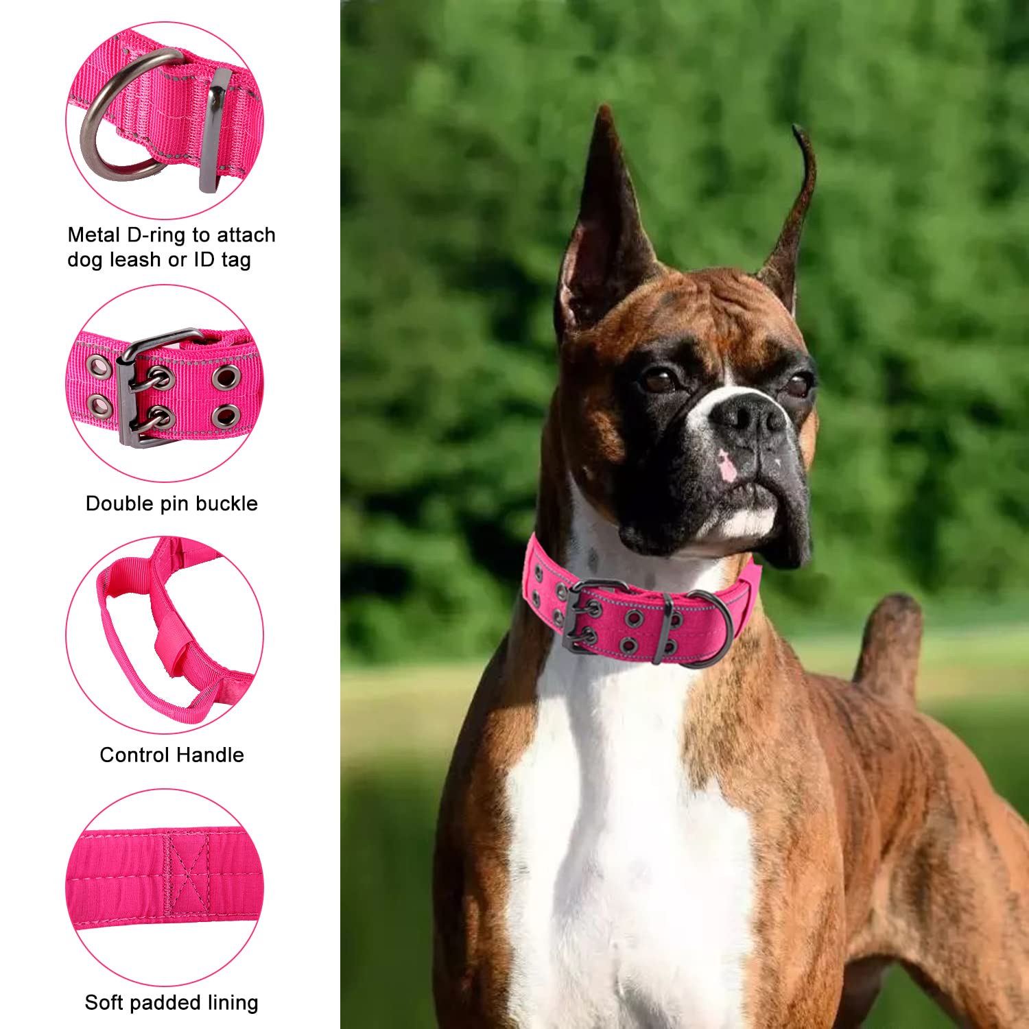 Yunleparks Reflective Dog Collar Heavy Duty Tactical With Control Handle And Metal Buckle For Dog Training(M,Pink)