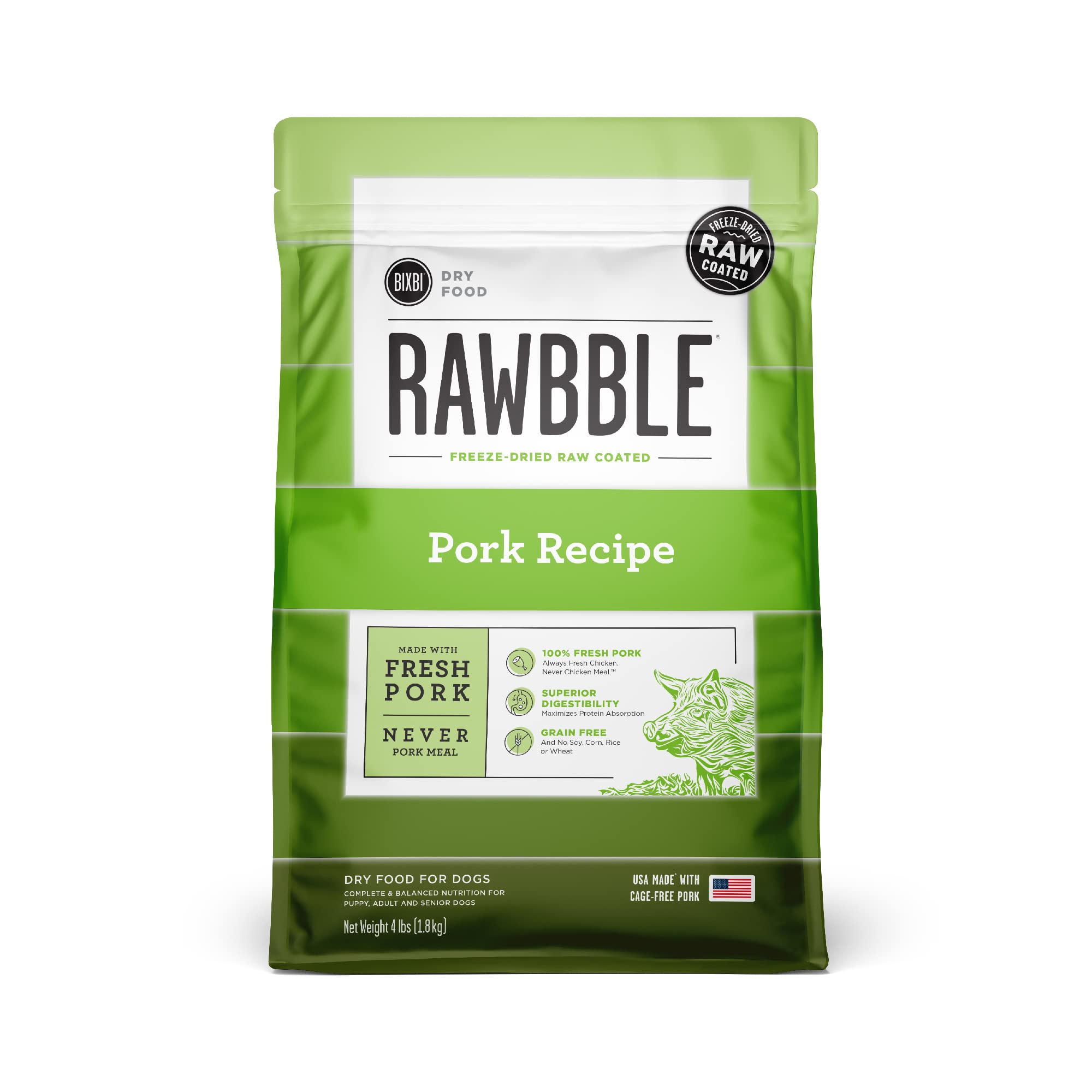 BIXBI Rawbble Dry Dog Food, Pork, 4 lbs - USA Made with Fresh Meat - No Meat Meal & No Corn, Soy or Wheat - Freeze Dried Raw Coa