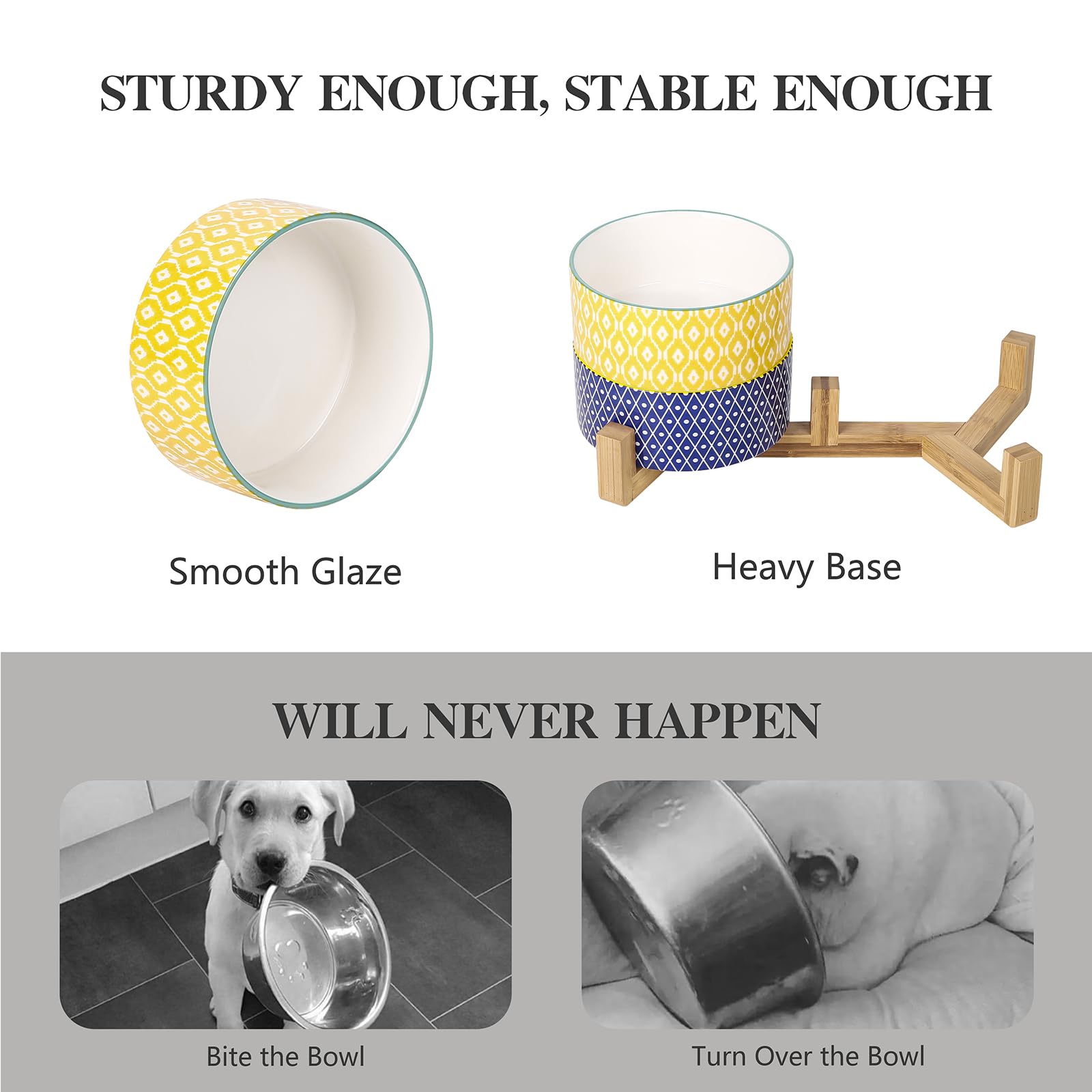 Selamica Ceramic 30 Oz Dog Bowls With Wooden Stand, Anti-Slip Dishes Set For Cats And Small Dogs, Weighted Bowls In Assorted Col