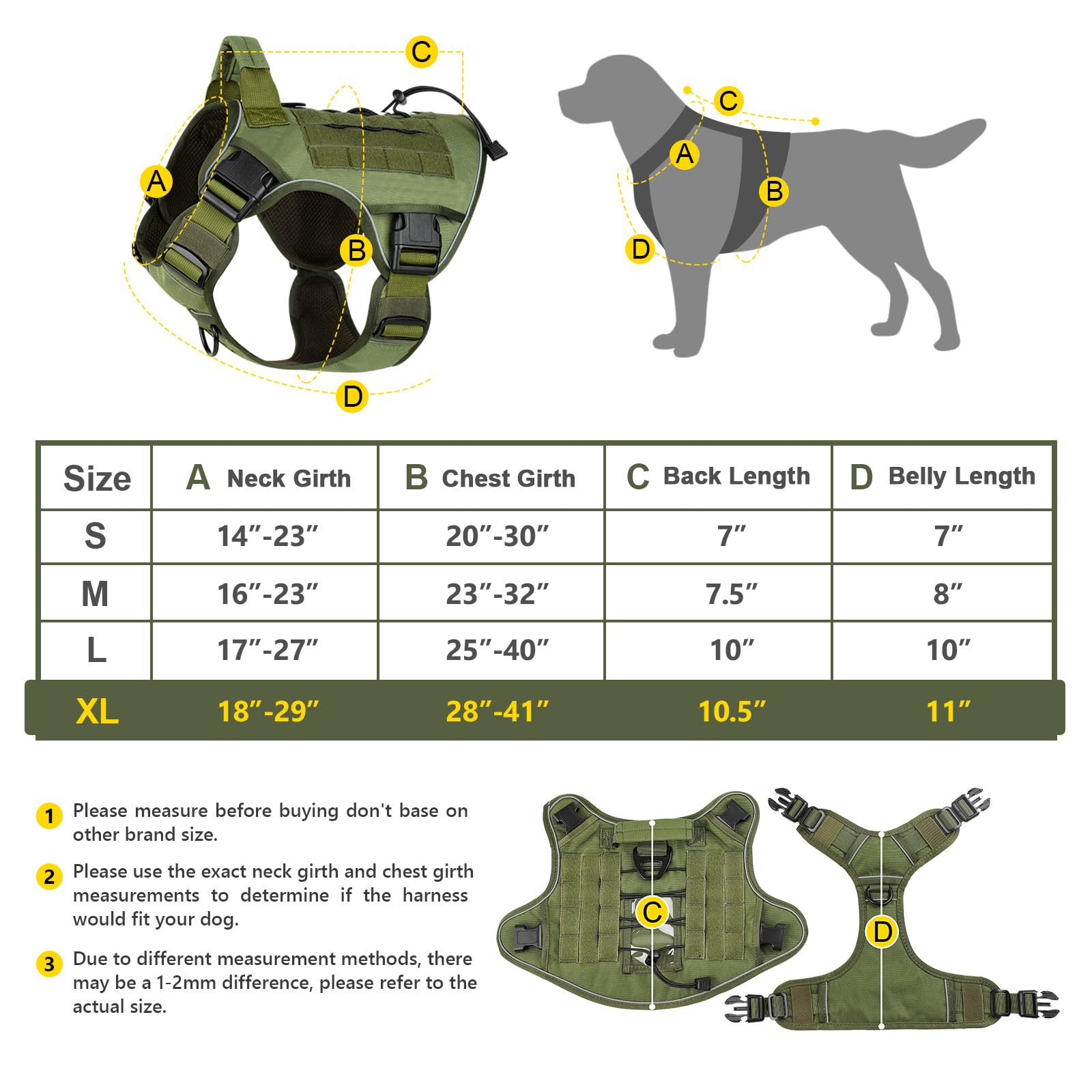 Wingoin Green Harness With Handle Tactical Dog Harness For Large Dogs No Pull Adjustable Reflective K9 Military Dog Vest Harnesses With Easy Control Handle And Hook & Loop Pa(Xl)