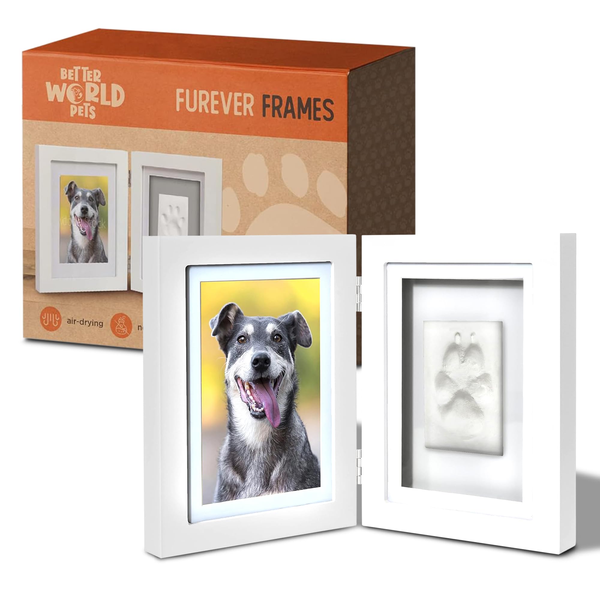 Better World Pets Paw Print + Photo Keepsake Frame Holds 4 X 6 Inch Or 5 X 7 Picture – Memorial Clay Imprint Kit – For Dogs And Cats – Perfect For Pet Lovers – Hinged For Desktop, White