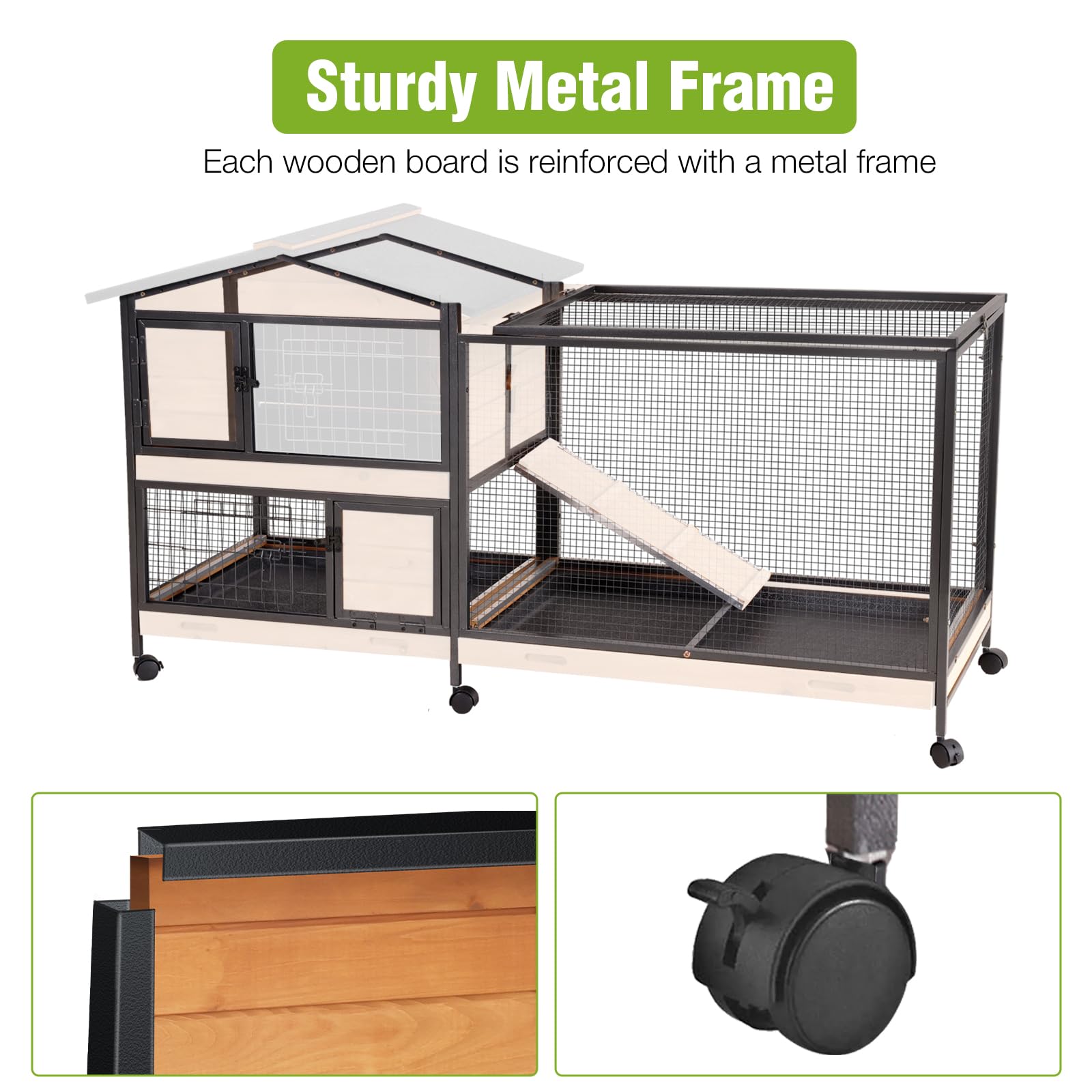 GUTINNEEN 2-Story Rabbit Hutch with Chew-Proof Full Metal Frame for Indoor/Outdoor - 62 '' Bunny Cage with 6 Locking Casters & 2