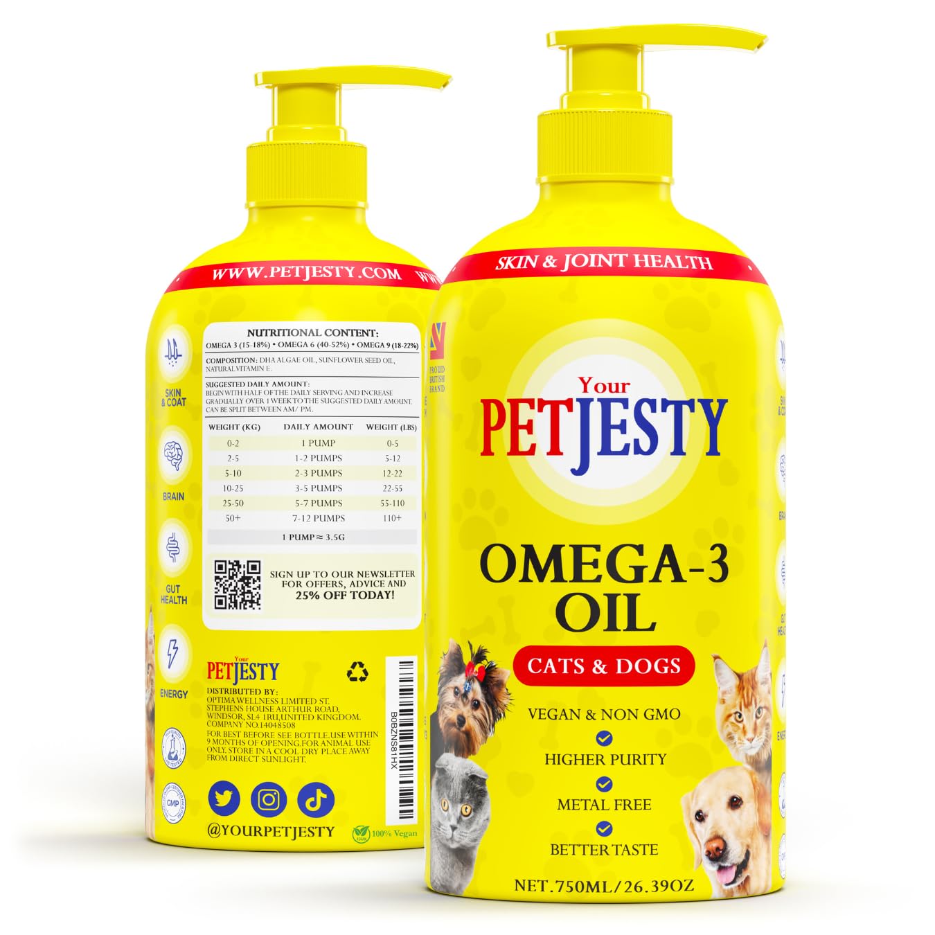 PetJesty Pure Omega 3 Oil for Dogs & Cats 26.39oz - Omega 3 Skin & Coat Support- Liquid Food Supplement for Pets - Vegan pet + D