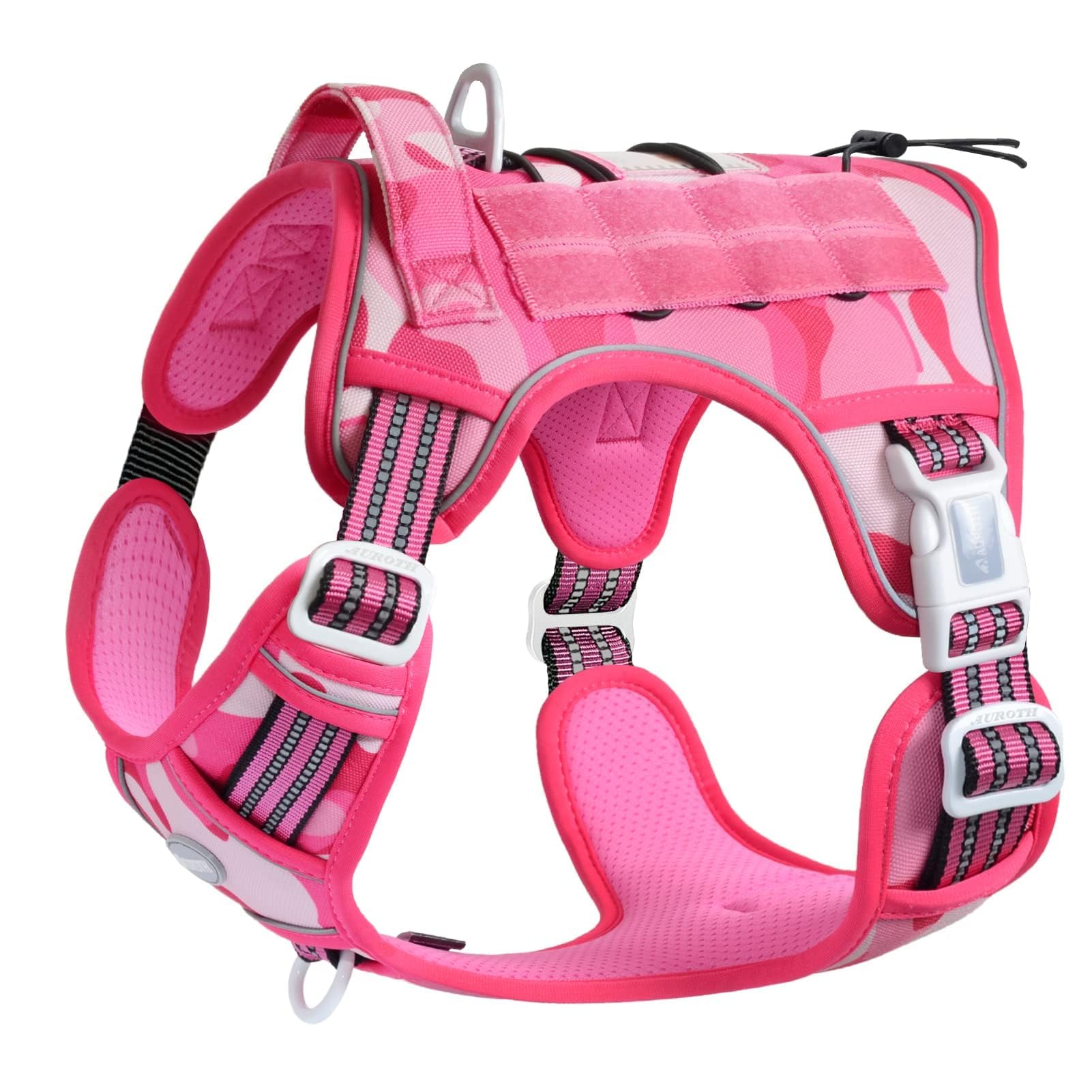Auroth Tactical Pet Harness For Small Medium Large Dogs No Pull Adjustable, Reflective K9 Working Training Easy Control Vest Military Service Dog, Medium, Pink Camo