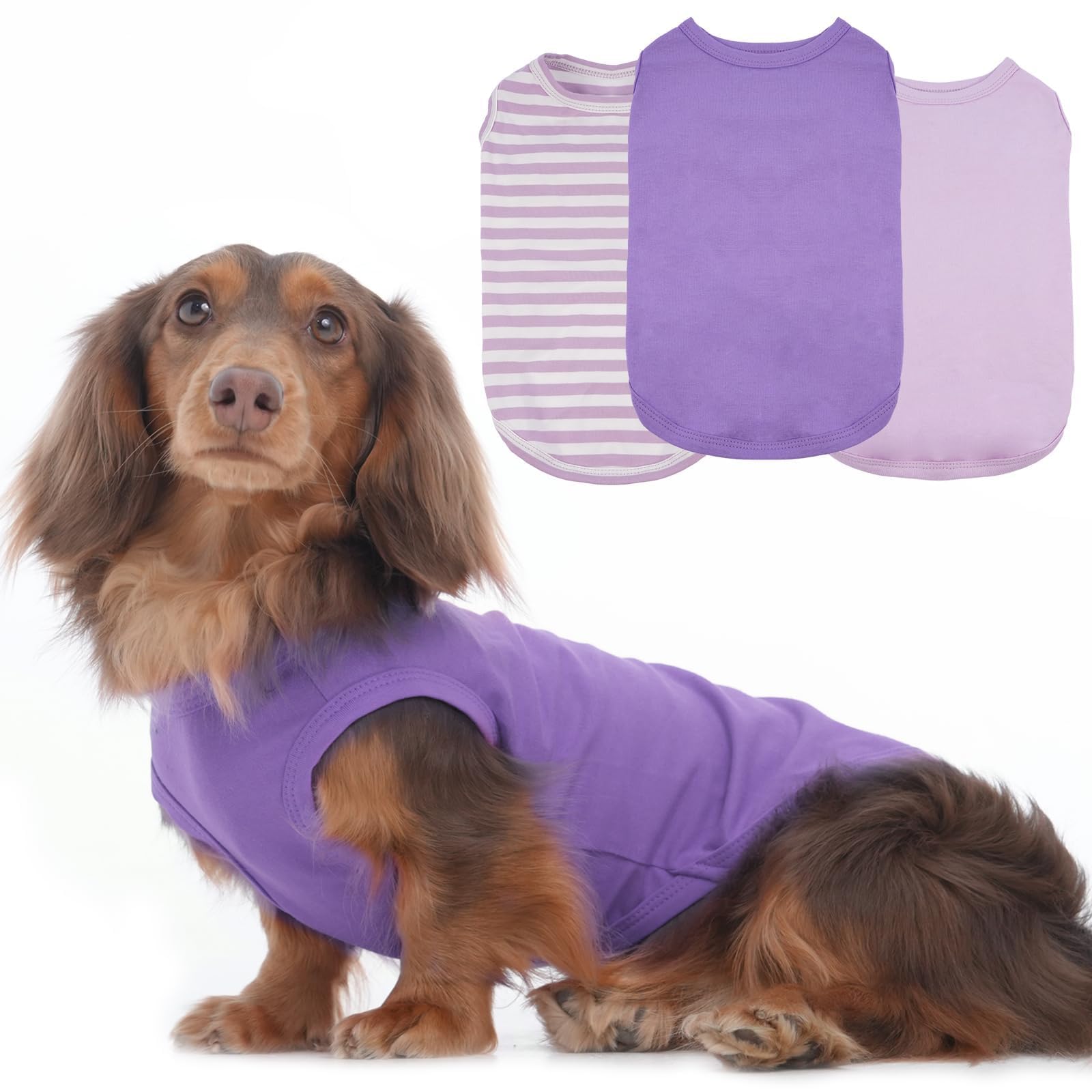 3 Pack M-Purple Striped Dog T Shirt For Small Dogs,Medium Sleeveless Dachshund Tee For Rainy Weather,Keep Body Heat After Runing