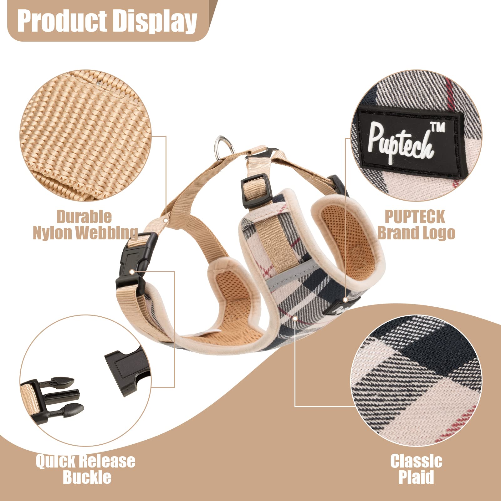 Pupteck Dog Harness And Leash Collar Set For Small Dogs Fully Adjustable No Pull Reflective Puppy Cat Soft Mesh Plaid Harnesses, Beige M