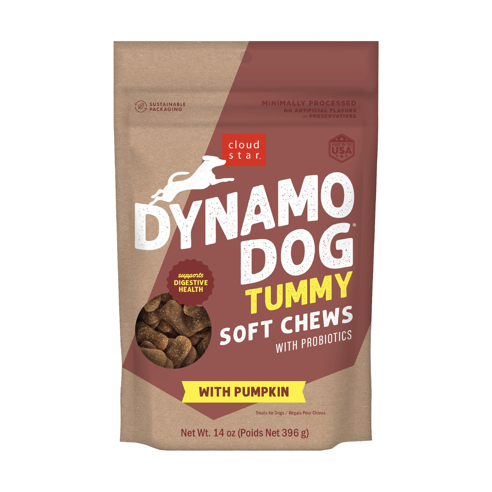 Cloud Star Dynamo Dog Tummy Treats - Soft & Chewy Probiotics Support for Dogs (14 oz. Pumpkin and Ginger) (20212)