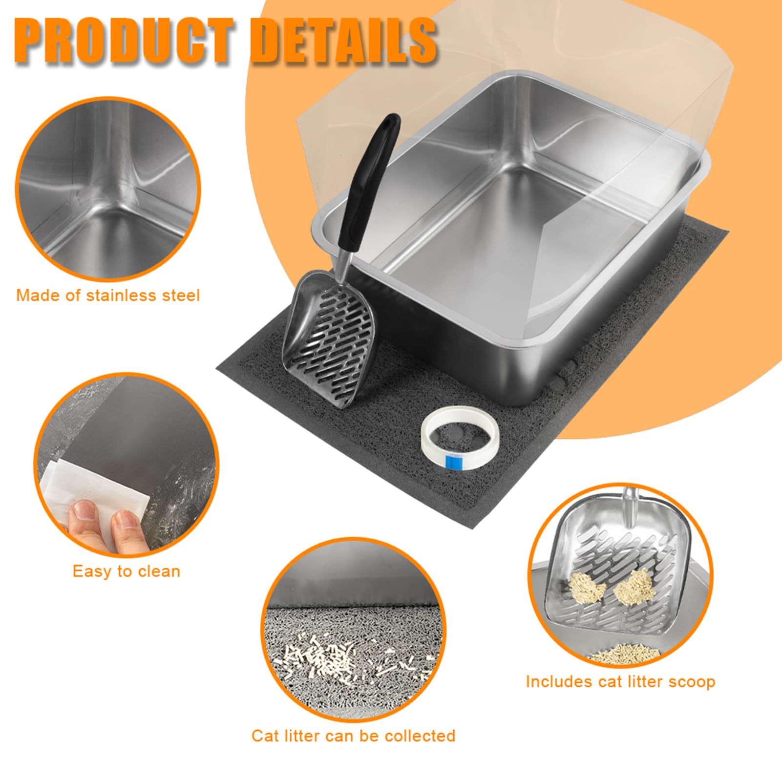 2 Set Stainless Steel Litter Box - 17.7''X13.8''X5.9'', High-Sided Shield, Scoops, Mats For Multiple Cats, Easy To Clean