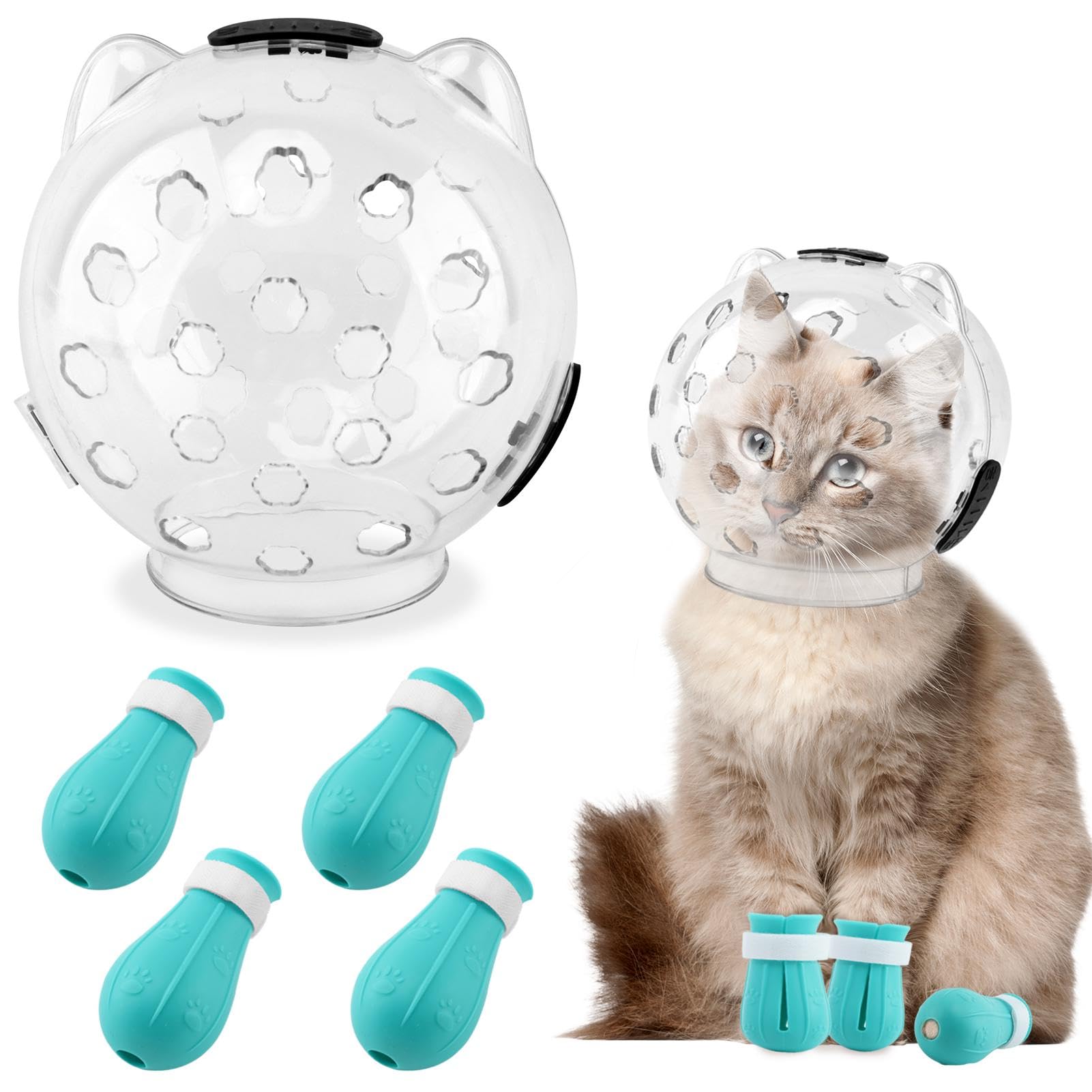 Cat Muzzle for Grooming, Adjustable Breathable Transparent Cat Astronaut Helmet with 4 Silicone Paw Shoes for Bath Nail Trimming