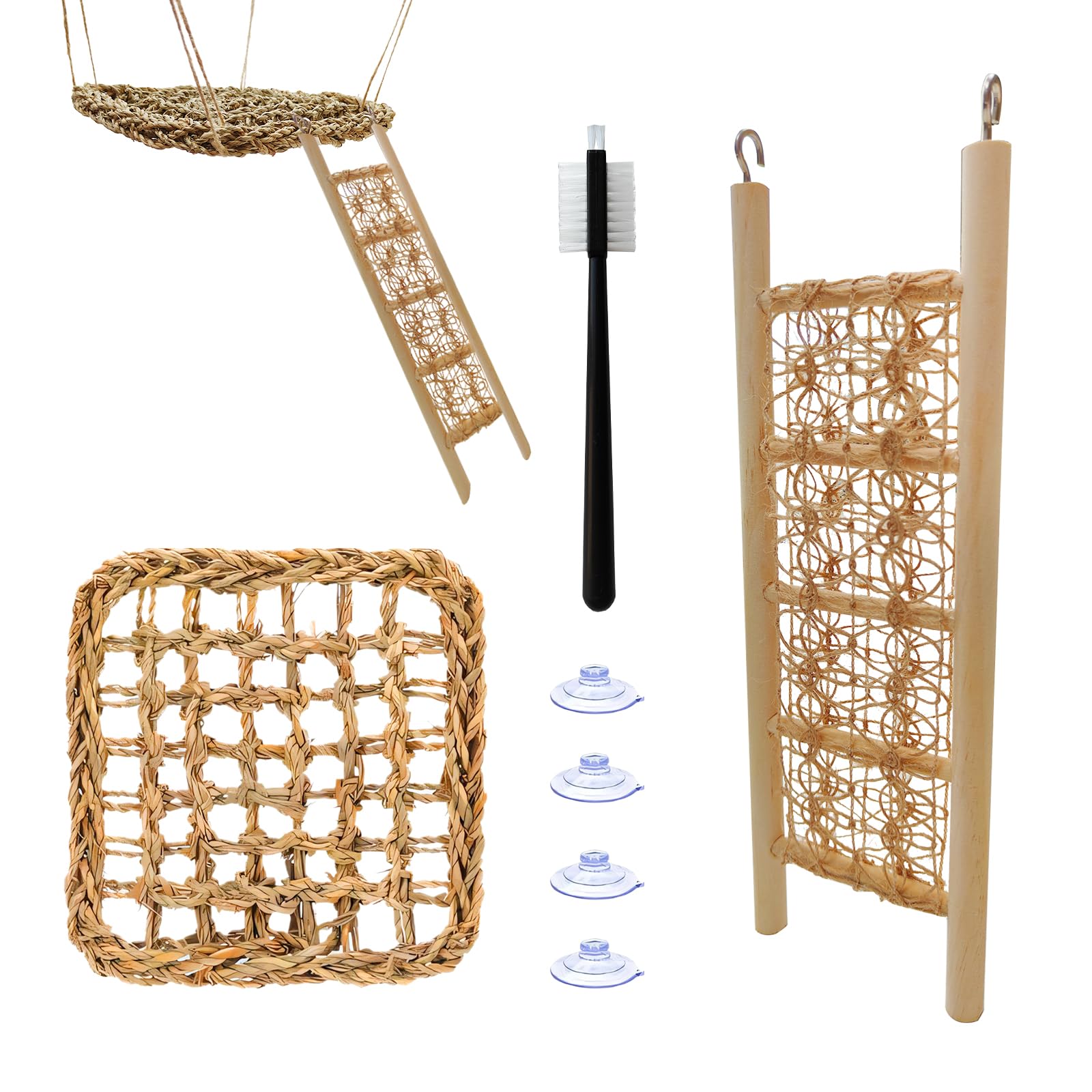 FEXICHUJI Hermit Crab Climbing Toys Set - Seagrass Hammock and Reptile Climbing Ladder with Small Brush, Hermit Crab Accessories