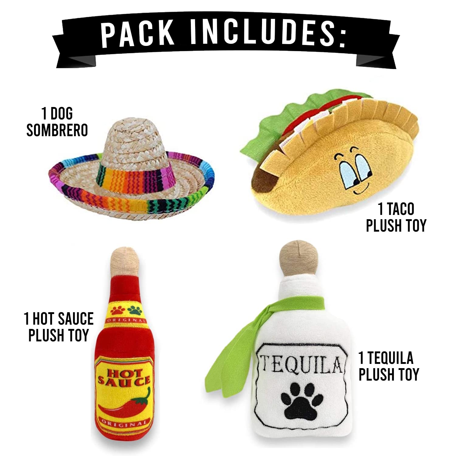 Baja Ponchos 4 Pack Fiesta Dog Chew Toys And Sombrero - Mexican Squeak Plush Toys - Dog Gifts For Chihuahuas - Taco - Tequila -