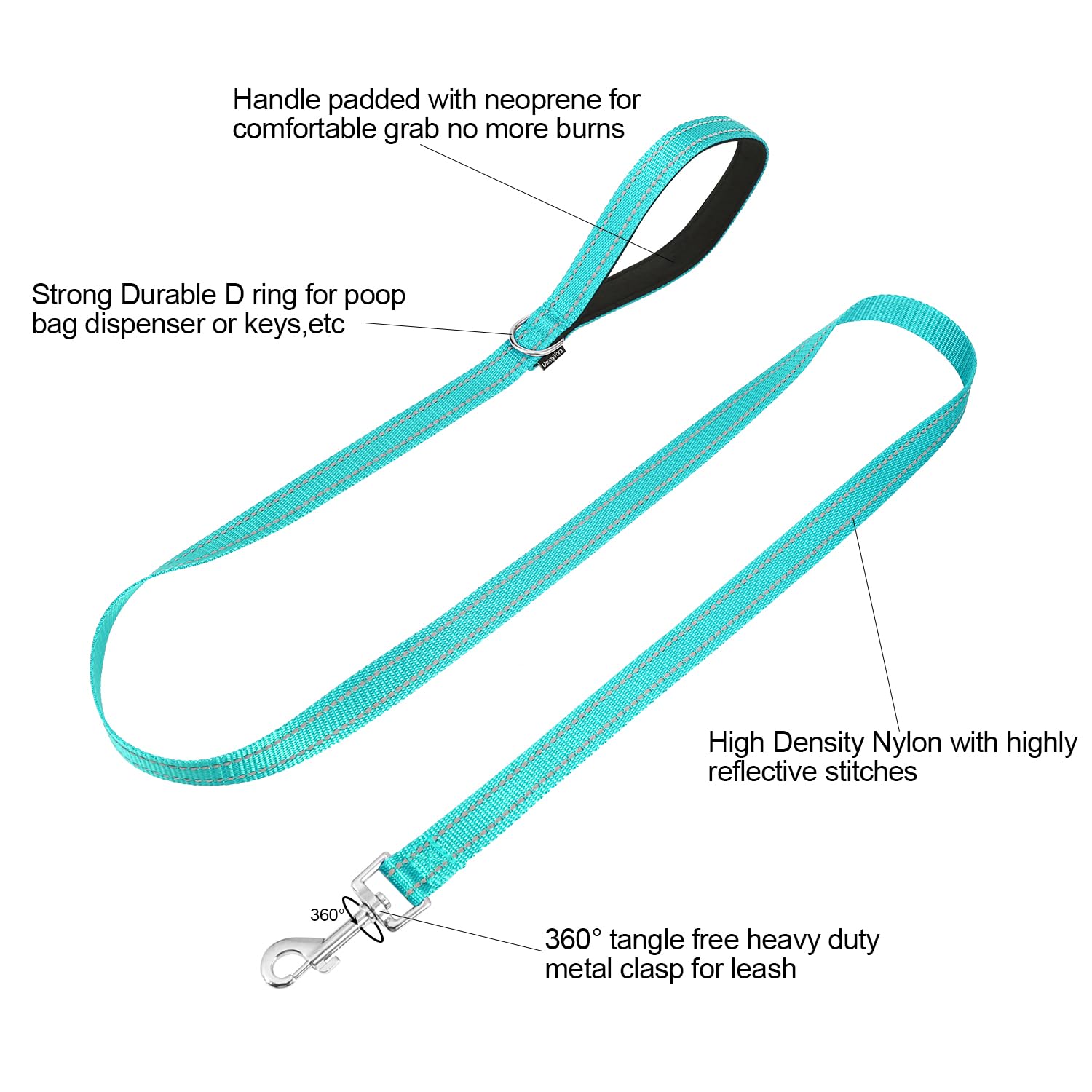 Usunyvora Reflective Nylon Dog Leash For Walking,Strong Dog Leash With Padded Handle For Medium And Large Dogs,6 Ft,Turquoise