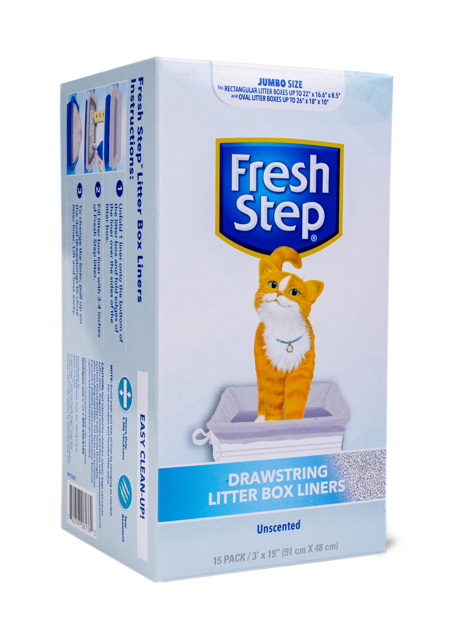Fresh Step Drawstring Cat Litter Box Liners, Unscented, Size Jumbo, 36' X 19' | Kitty Litter Bags - 15 Count - Cat Litter Liners For Rectangle Or Oval Large Litterboxes