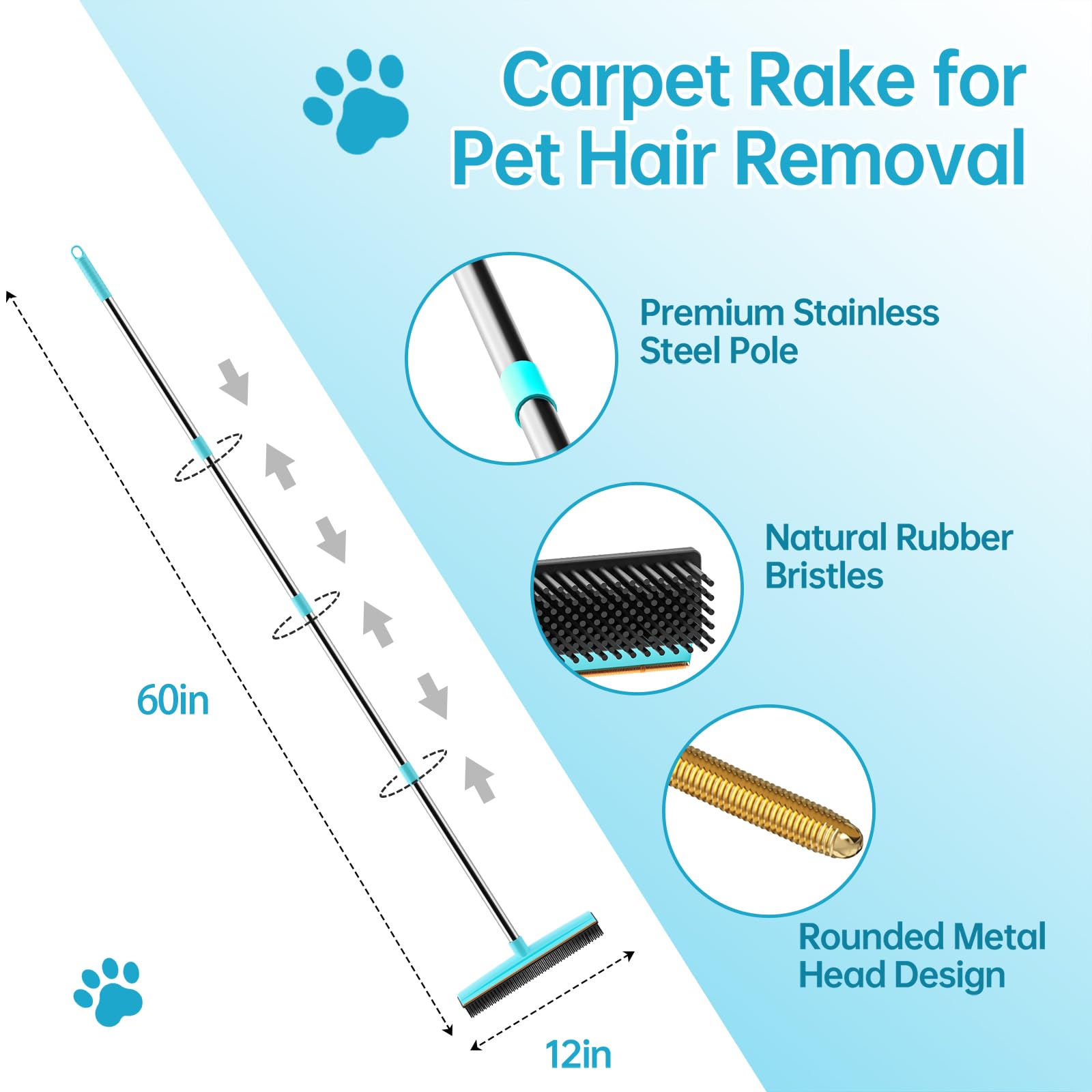 SOCCSO Carpet Rake - 60'' Long Handle Pet Hair Removal with Metal Fabric Edge Design,Carpet Broom,Carpet Rake for Carpets, Rugs,