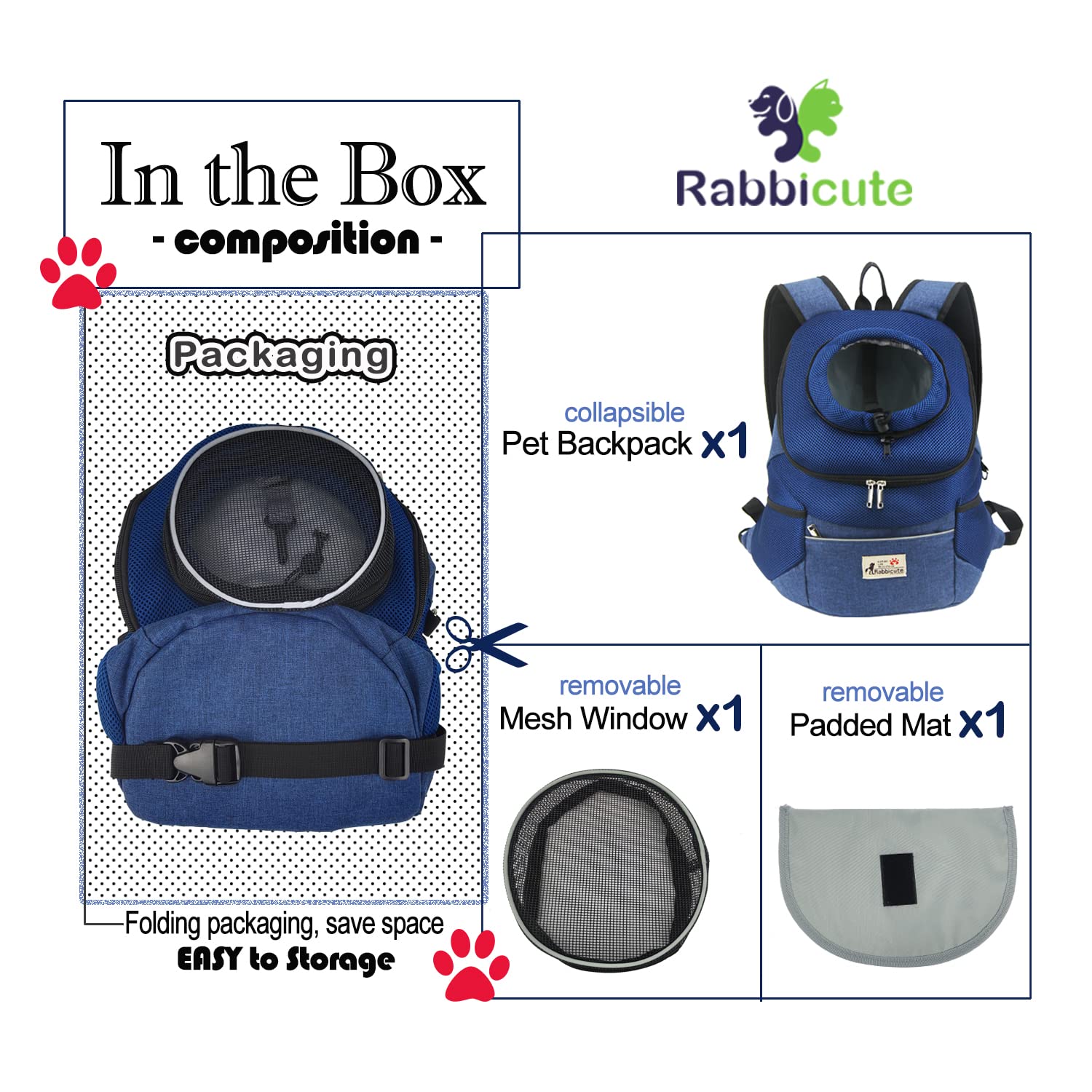 Rabbicute Pet Dog Carrier Backpack Adjustable Breathable Front Pack Head Out Removable Design Puppy Cat Dog Backpack For Small Dogs Cats Padded Shoulder Bag For Travelling Hiking Camping Outdoor Trip