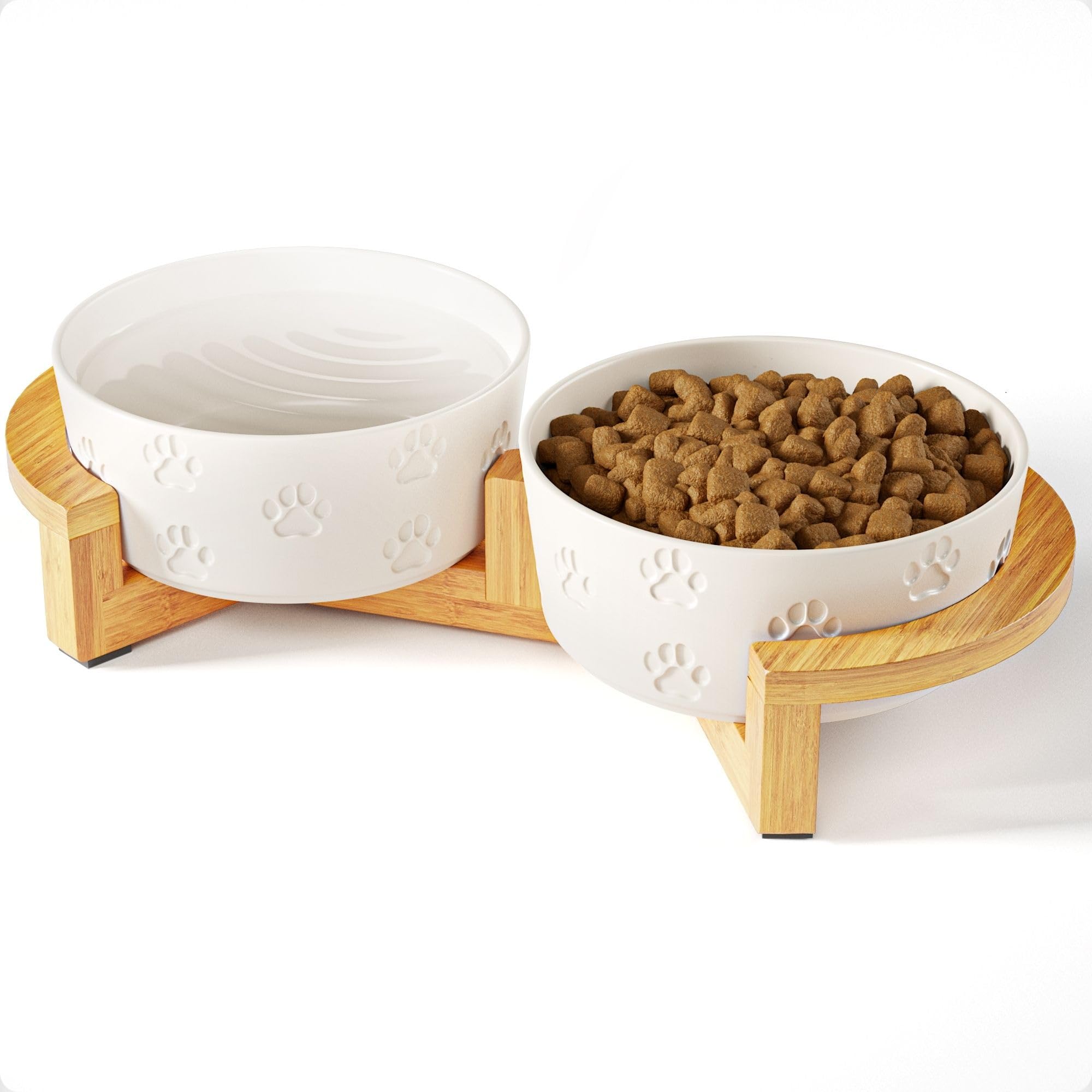 Ceramic Dog Bowls with Stand - Medium Dog Bowl Set with Stand Non-Slip - 2 Ceramic Dishes with Anti-Skid Bamboo Stand for Medium