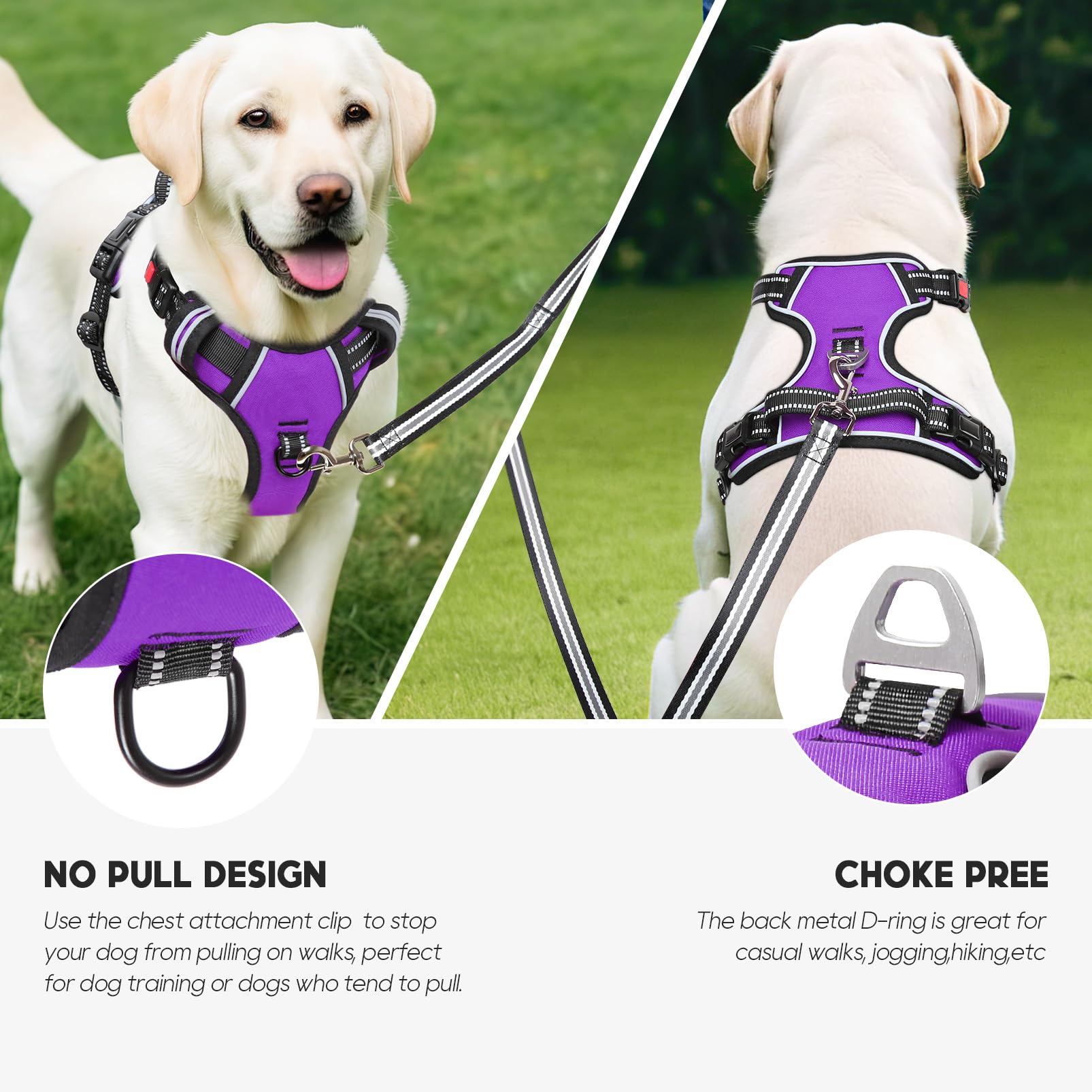 Timos Dog Harness Large Sized, No Pull With Neck Lockable Snap,No Choke Front Clip Dog Reflective Harness,Adjustable Metal Rings