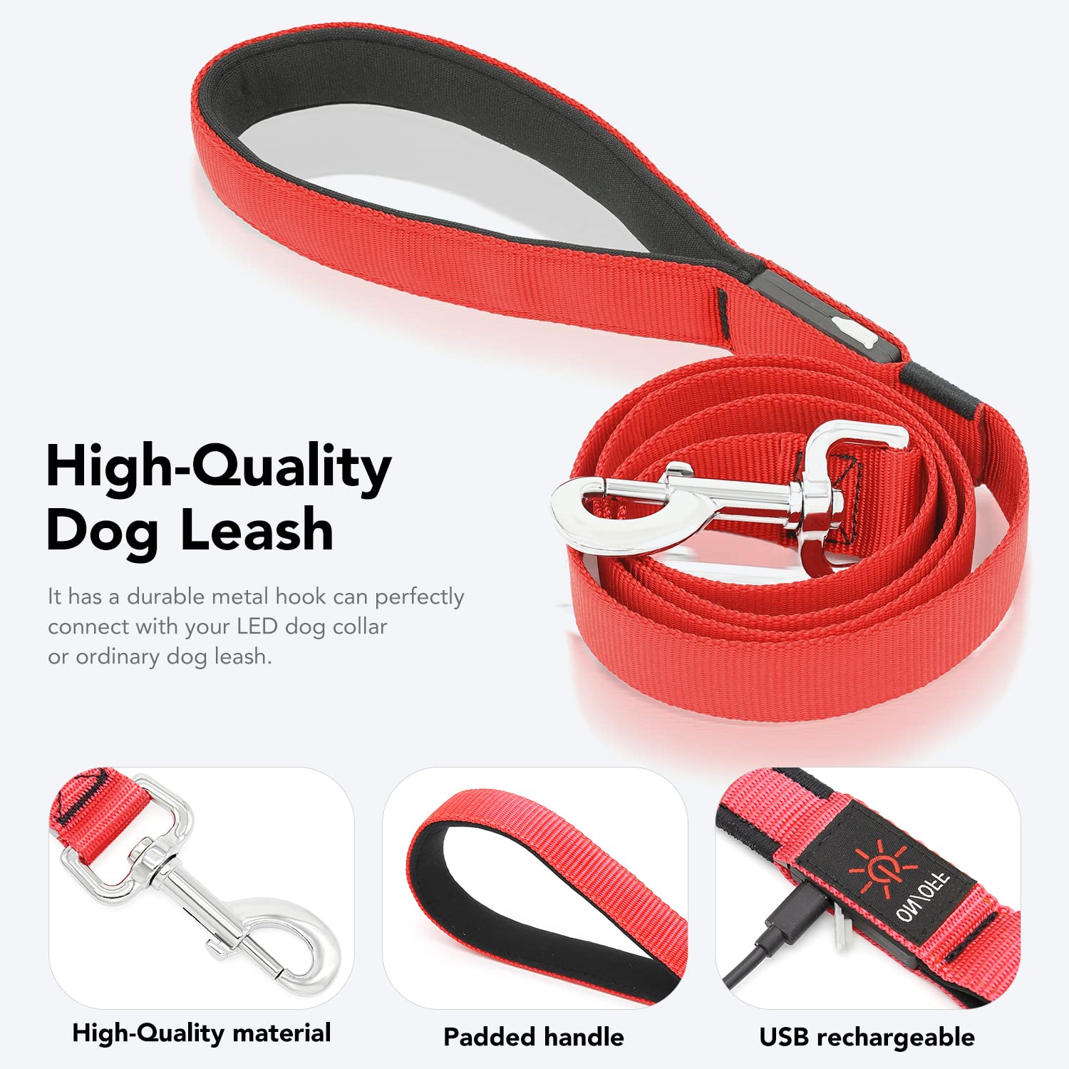 Colaseeme Light Up Dog Leash, 4FT LED Pet Leashes Micro USB Rechargeable, Nylon Glow Safety Dogs Lights at Night (Red)