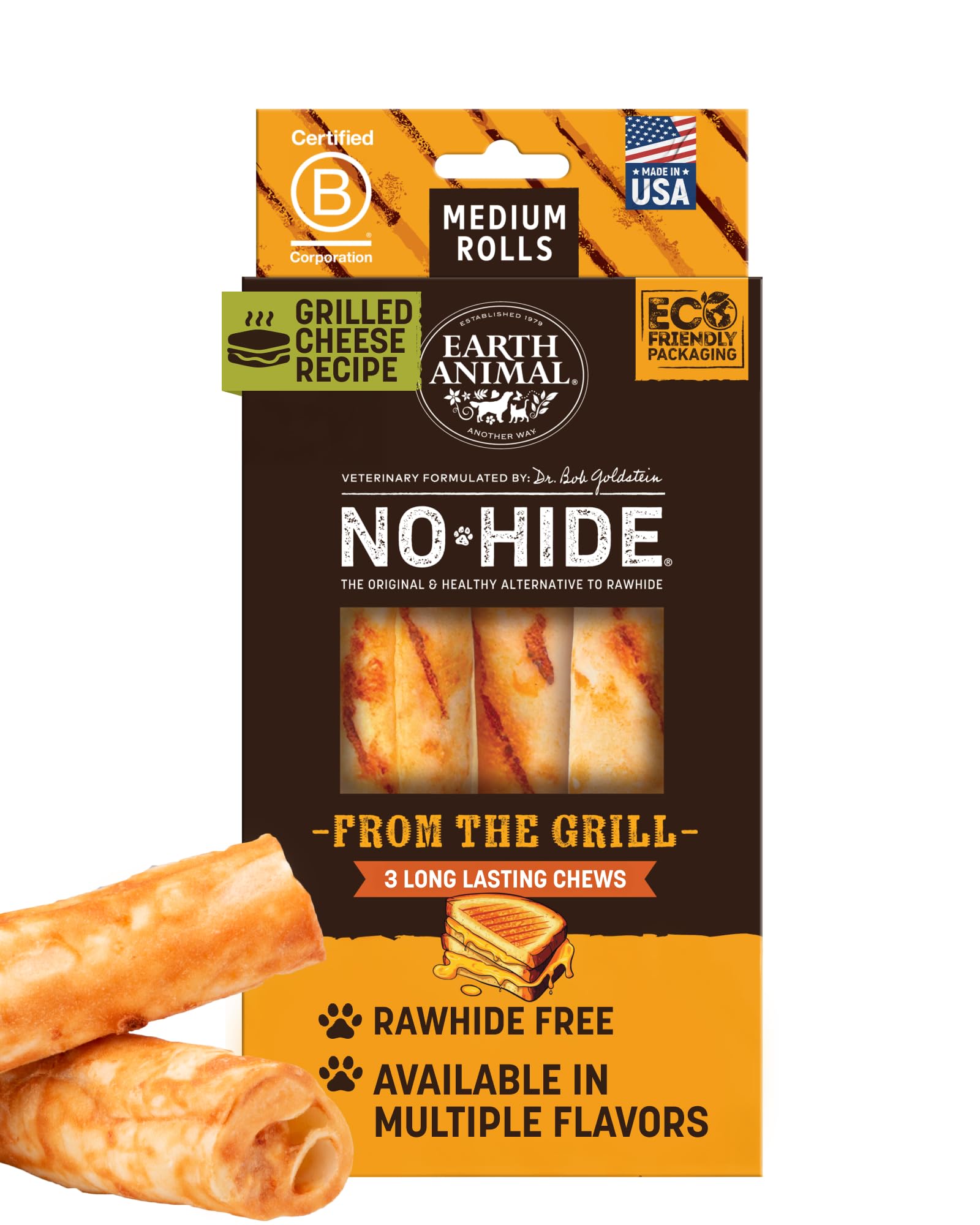 Earth Animal No Hide Chews - From the Grill Rolls Grilled Cheese Vegetarian Flavor Rawhide Free Medium Dog Chews - 3 Count