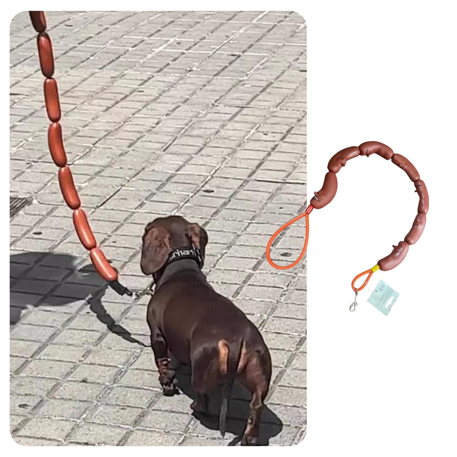 Manon Rosa Sausage Leash Hot Dog Walking Gear - Durable Rubber Wiener Hotdog Leash - Playful Pet Chew Toy For Small Dogs & Puppi
