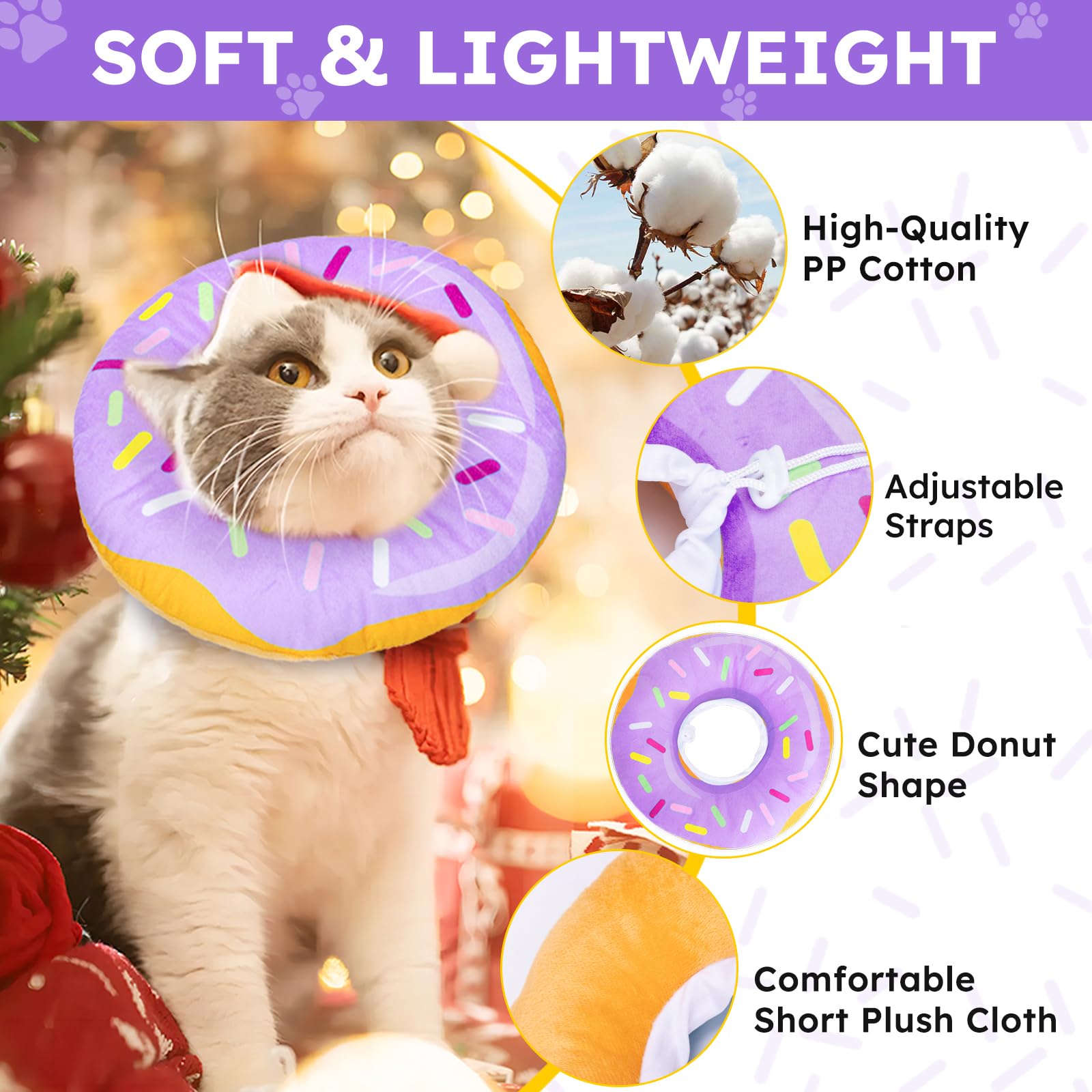 Cat Cone Collar Soft, Cat Recovery Collar for Wound Healing Cute Donut Adjustable Kitten Cones to Stop Licking Comfortable Light