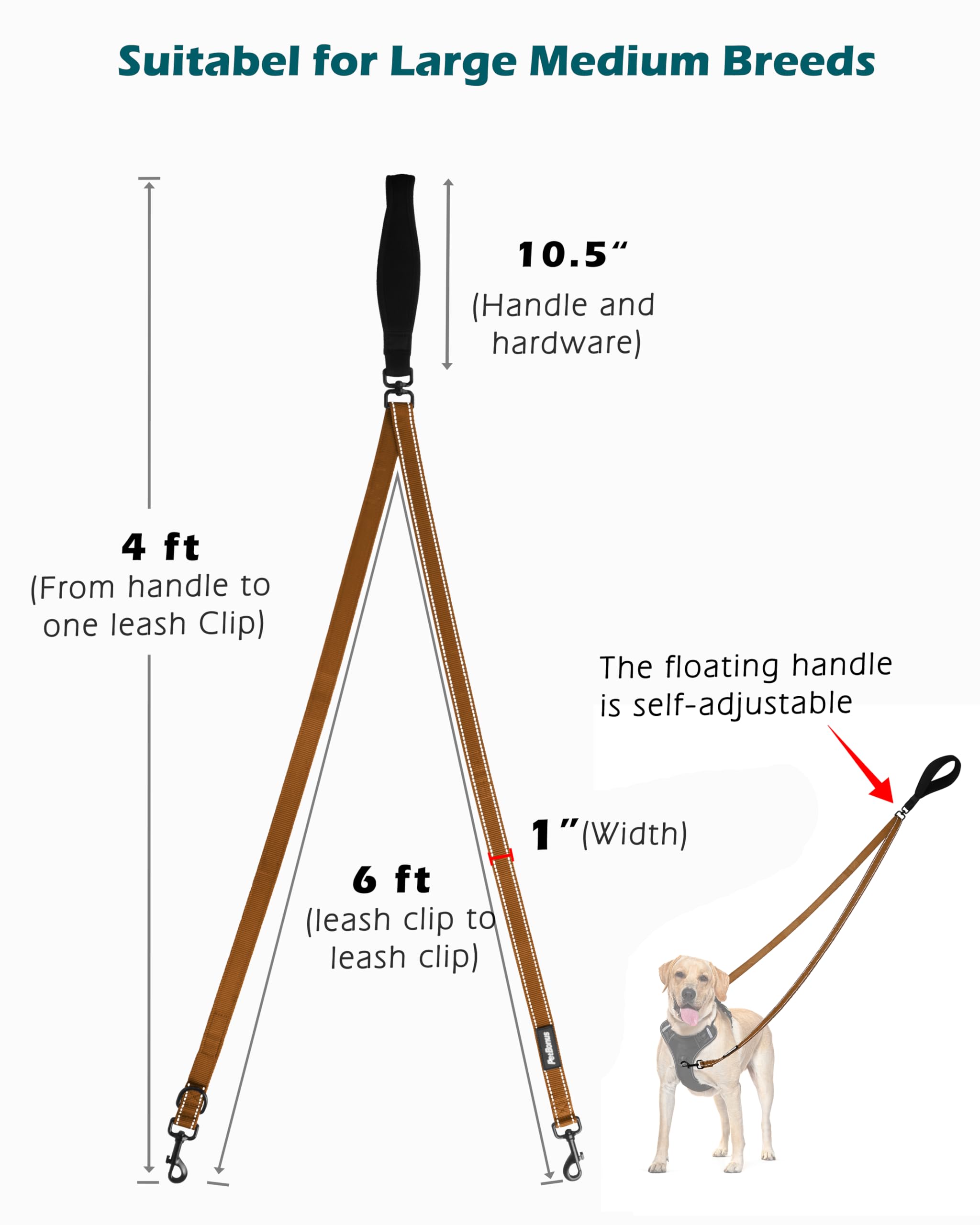 Petbonus Two Point Control Dog Leash, Works With No Pull Harnesses, No Tangle Dog Training Leashes, No Pull Padded And Reflectiv