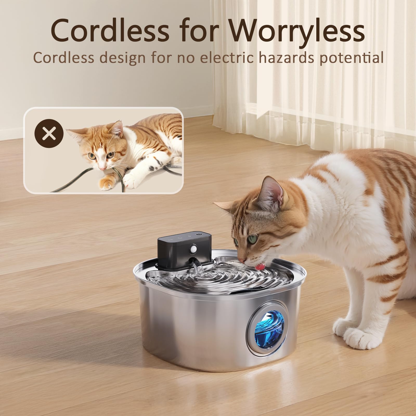 Stainless Steel Wireless Cat Water Fountain: Voluas 3.2L/108Oz 3-Modes Pet Drinking Fountain Indoor Cordless Motion Sensor Fount