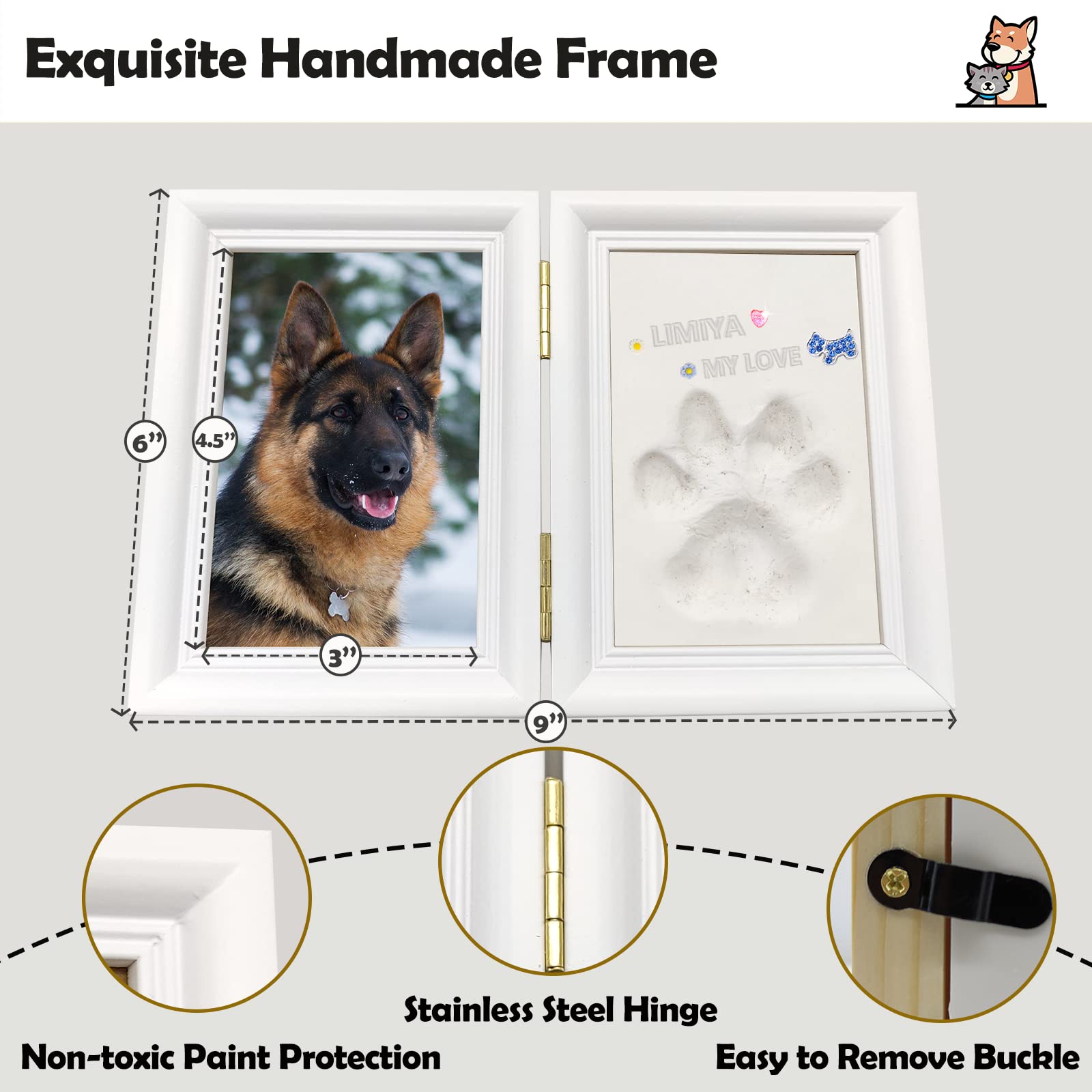 MYPAWLETS Dog or Cat Paw Print Kit with Trinkets,Pet paw Print Impression kit with 2 Clay,Wooden Dog Picture Frame,Personalized