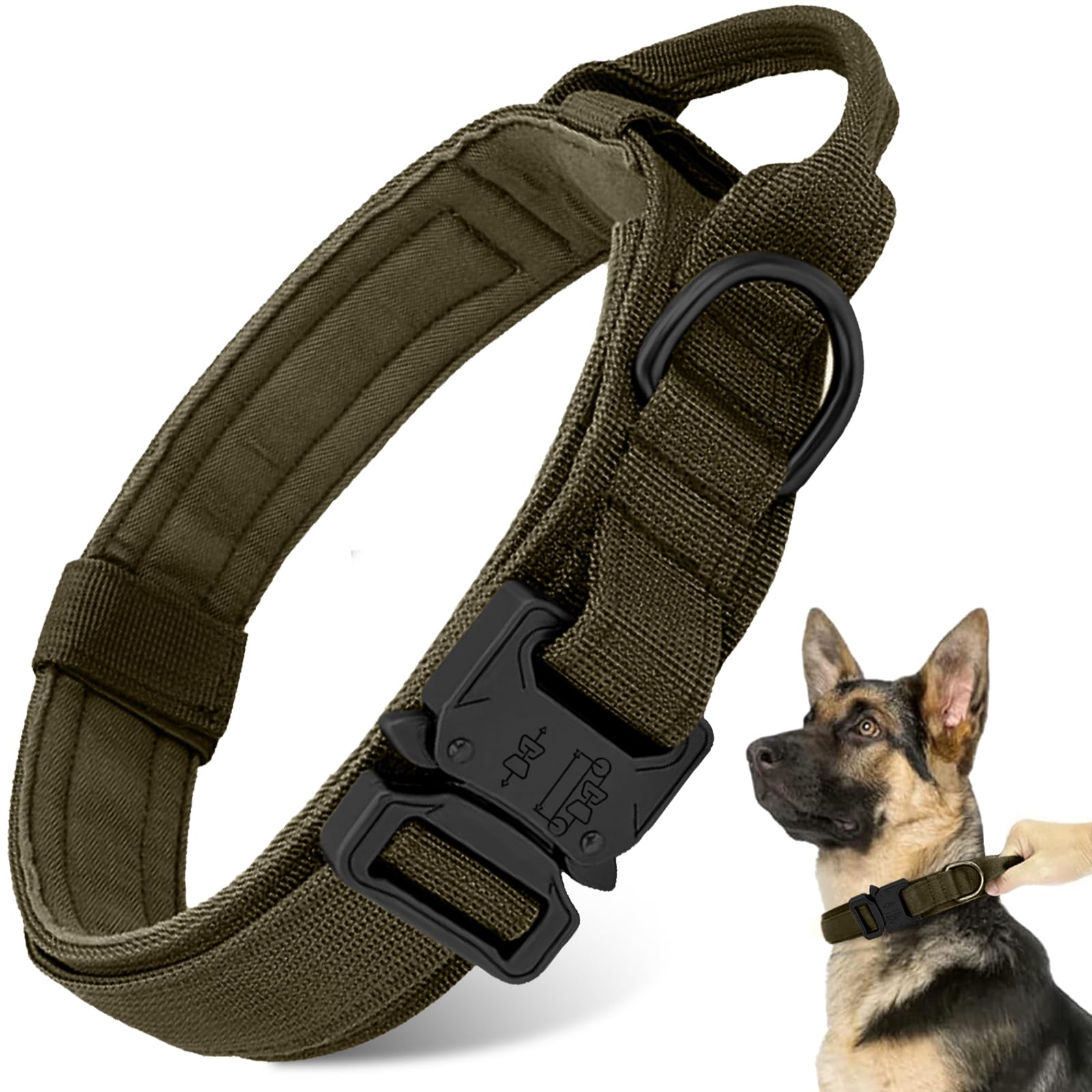 Antswish Tactical Dog Collar - Green, Xl, Nylon, Heavy Duty Metal Buckle, Control Handle For Small, Medium, Large Dogs