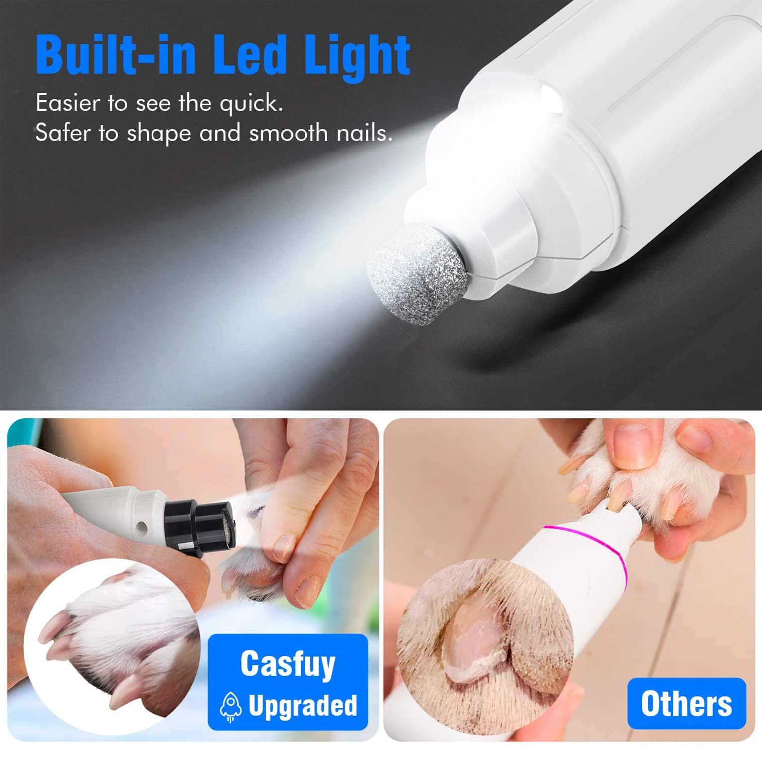 Casfuy Dog Nail Grinder With Led Light - Upgraded 2-Speed Electric Pet Nail Trimmer Powerful Painless Paws Grooming & Smoothing For Small Medium Large Dogs & Cats (White)
